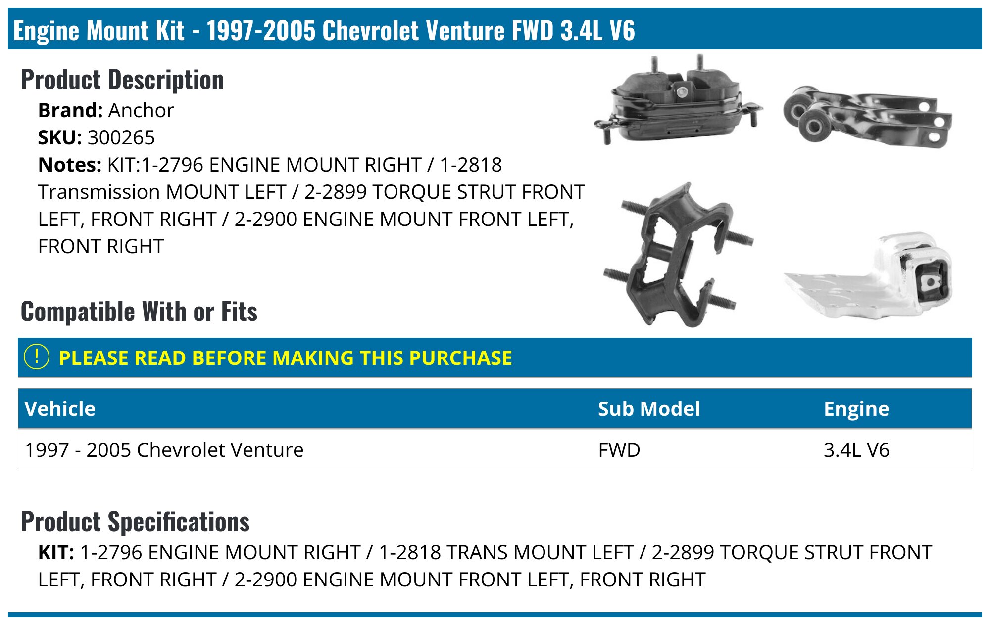19972005 Chevrolet Venture Engine Mount Anchor 300265