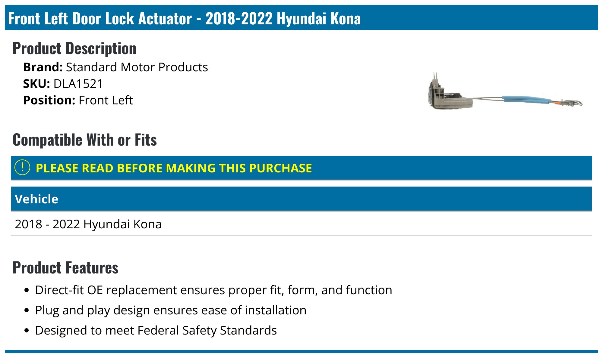 2018-2023 Hyundai Kona Door Lock Actuator - Standard Motor