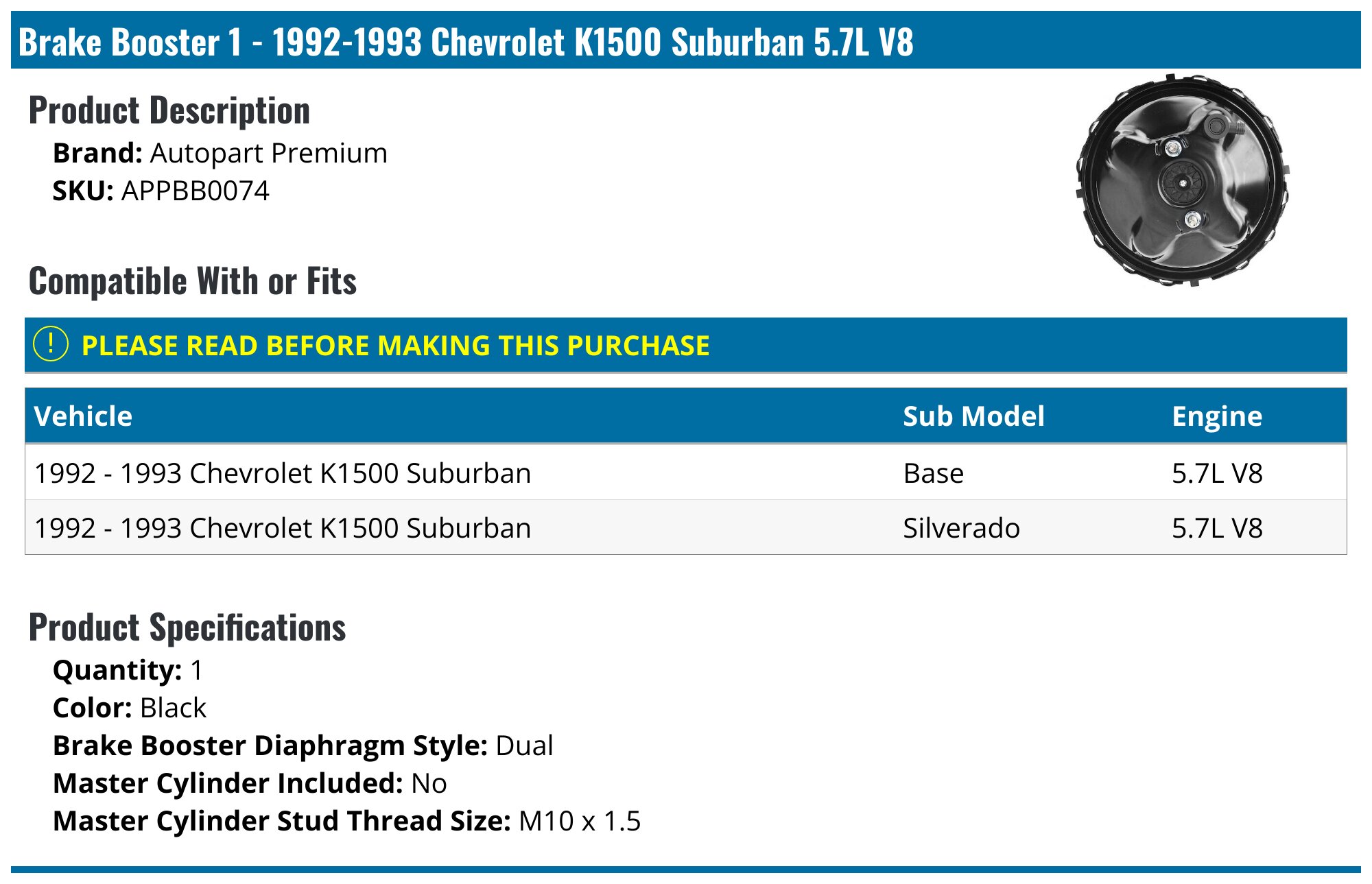 Power Brake Booster For 94-96 Chevy C1500, GMC K2500, Yukon, Tahoe 5.7L - Mid Valley