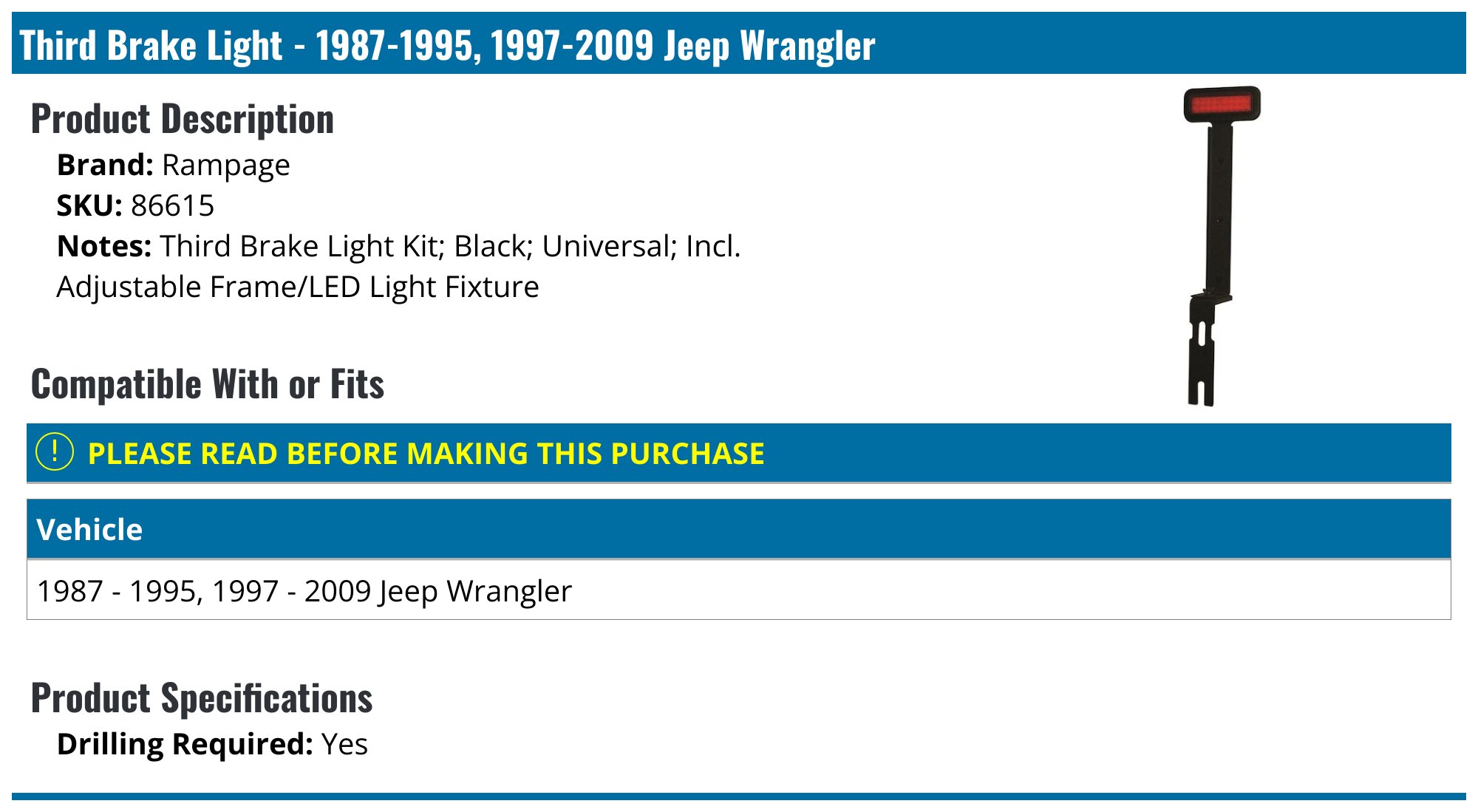 1987-1995, 1997-2009 Jeep Wrangler Third Brake Light - Rampage 86615 ...