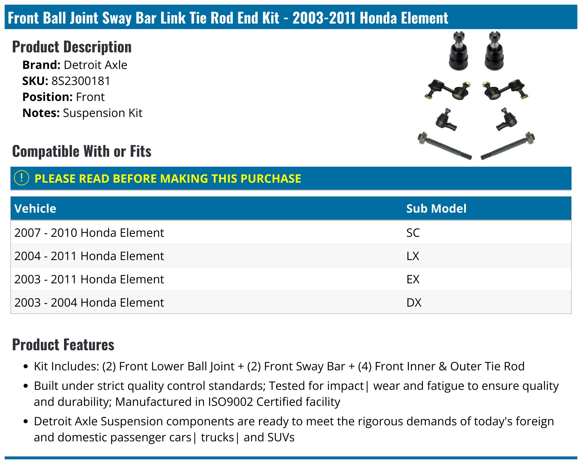 Front Ball Joint Sway Bar Link Tie Rod End Kit - 2003-2011 Honda Element - Detroit Axle 7014-02859311