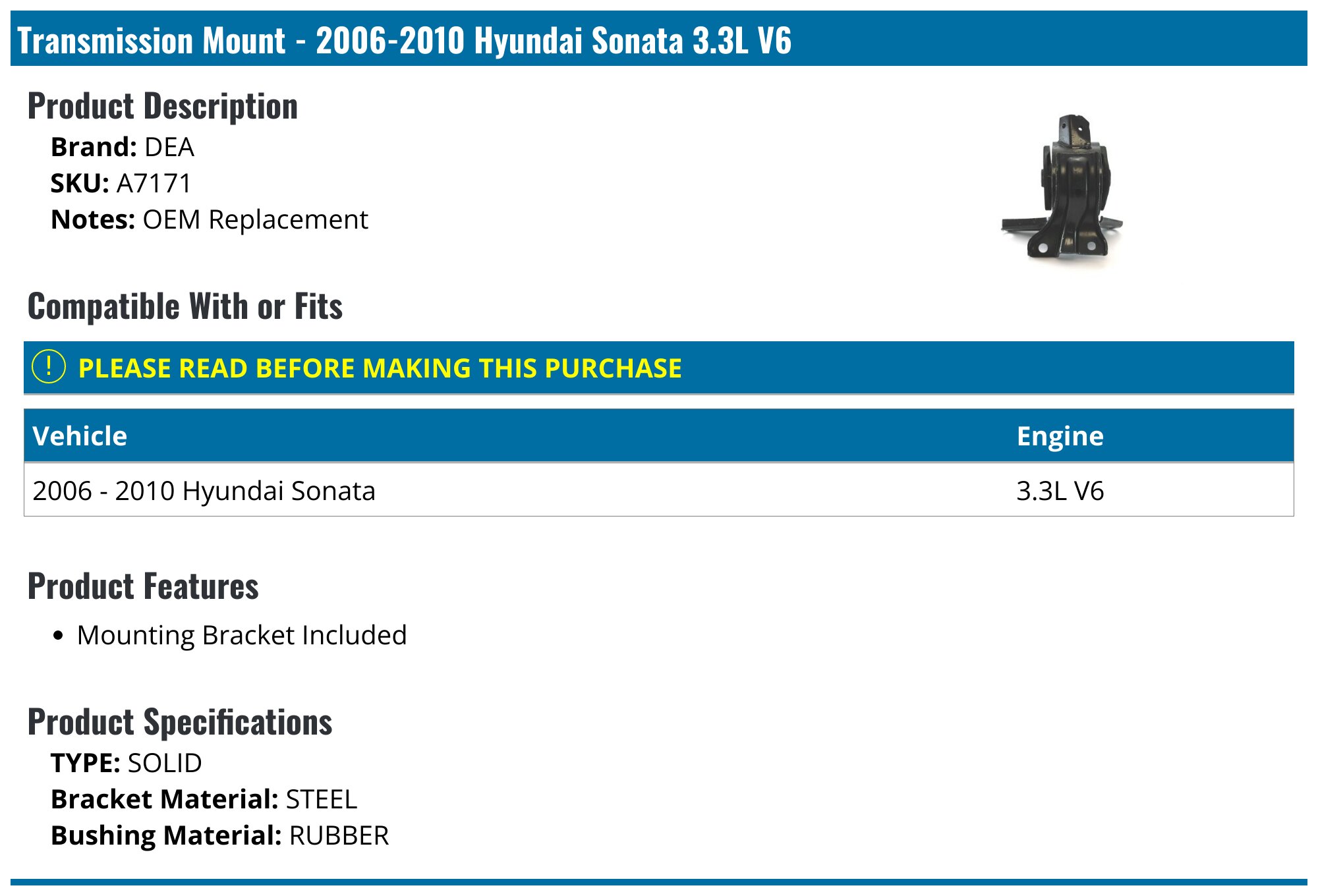 MaxBene Rear Engine Motor Mount For 2005-2010 Hyundai Sonata 2.4L / 3.3L – A7168, 9318, Direct Replacement