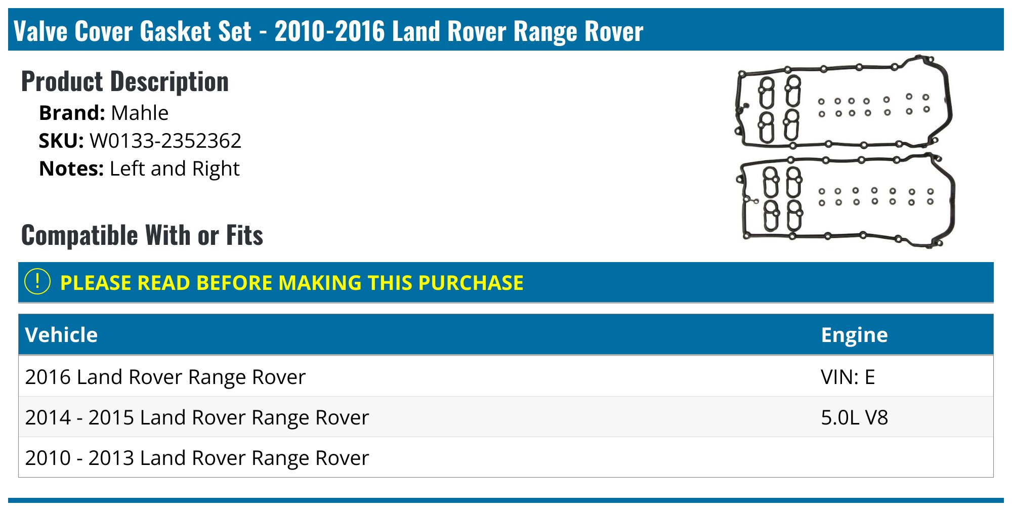One New MTC Intake Plenum Gasket 7888 ERR6621 for Land Rover