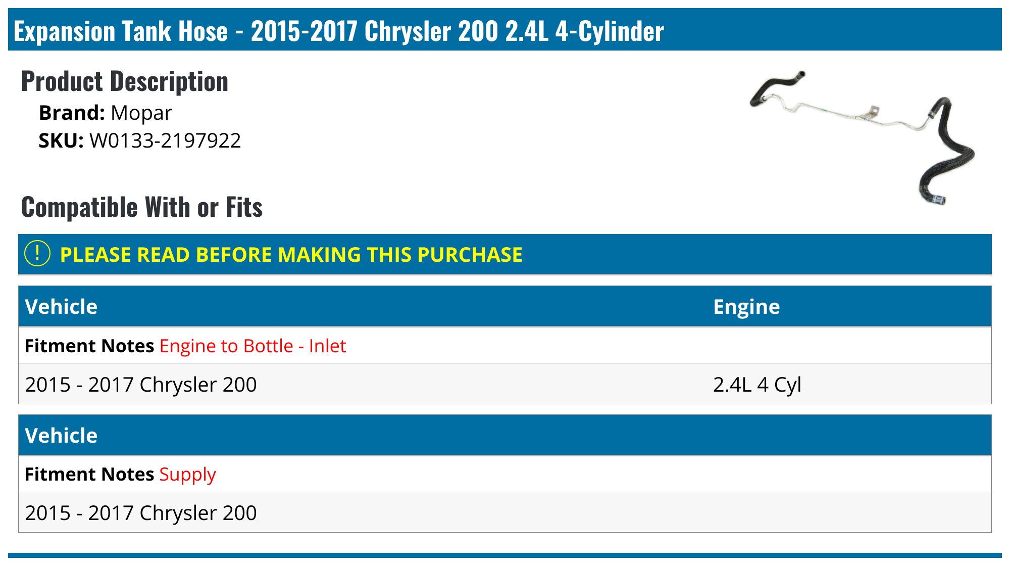 20152017 Chrysler 200 Expansion Tank Hose Mopar W01332197922