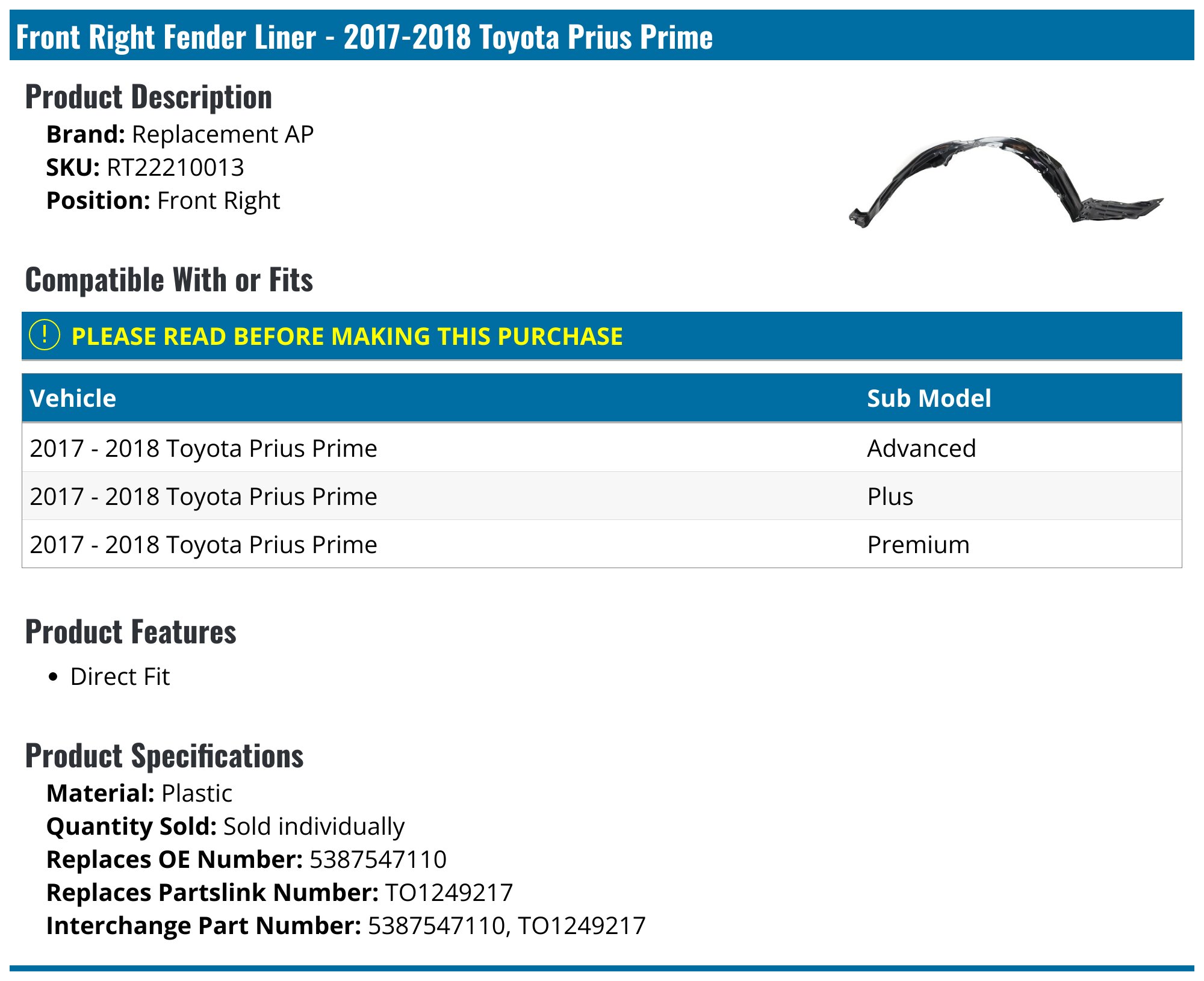 53802-47110 Genuine Toyota Front Fender Sub-Assembly