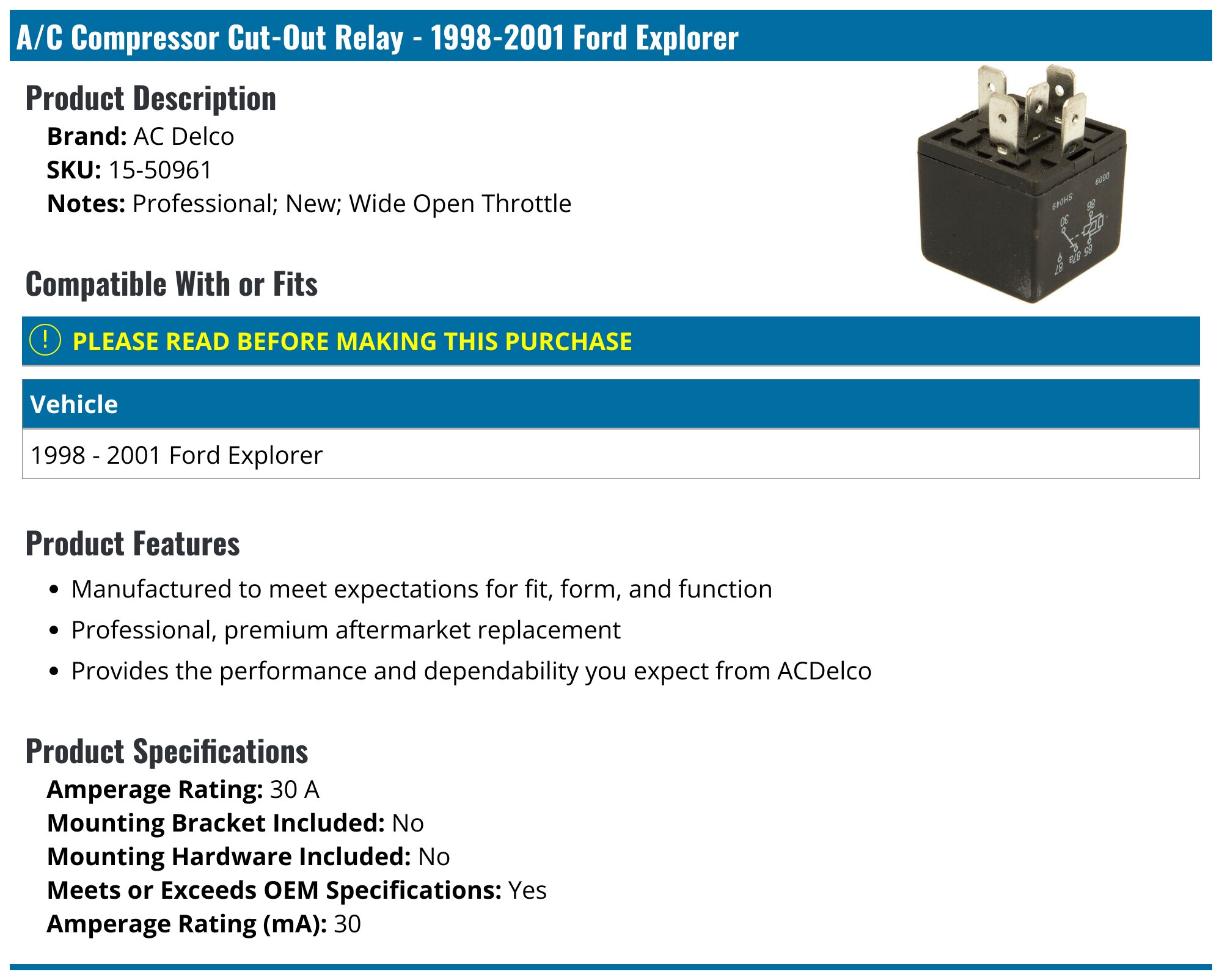 1998-2001 Ford Explorer A/C Compressor Cut-Out Relay - AC Delco 15 ...