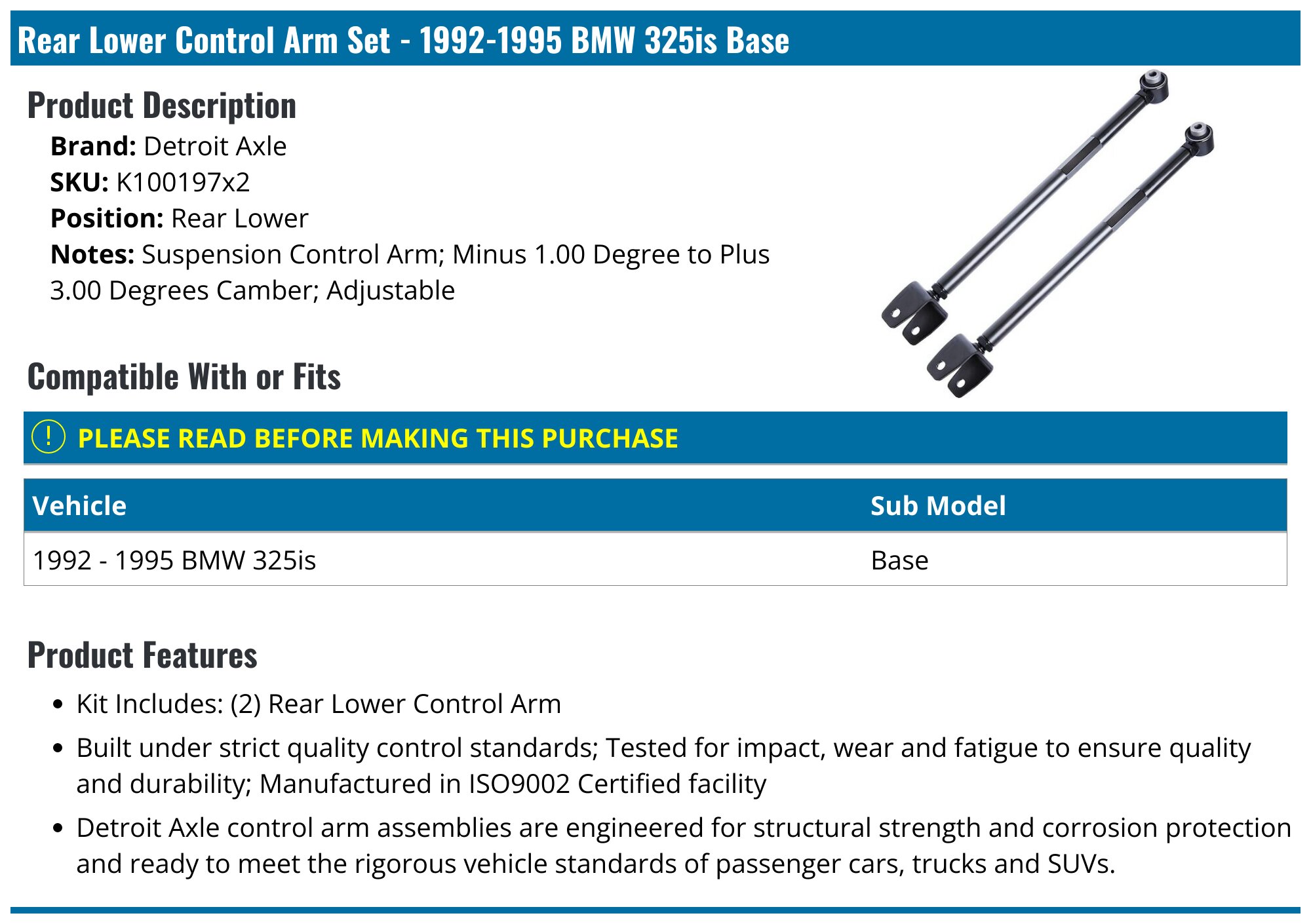 1992-1995 BMW 325is Control Arm - Detroit Axle K100197x2 - Rear Lower ...