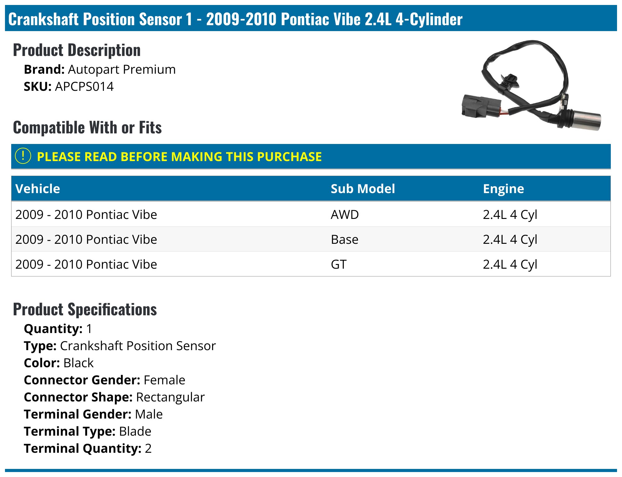 Crankshaft Position Sensor With Connector – Fits Buick / GMC / Pontiac / Suzuki (2007-2009) – Lifetime Warranty