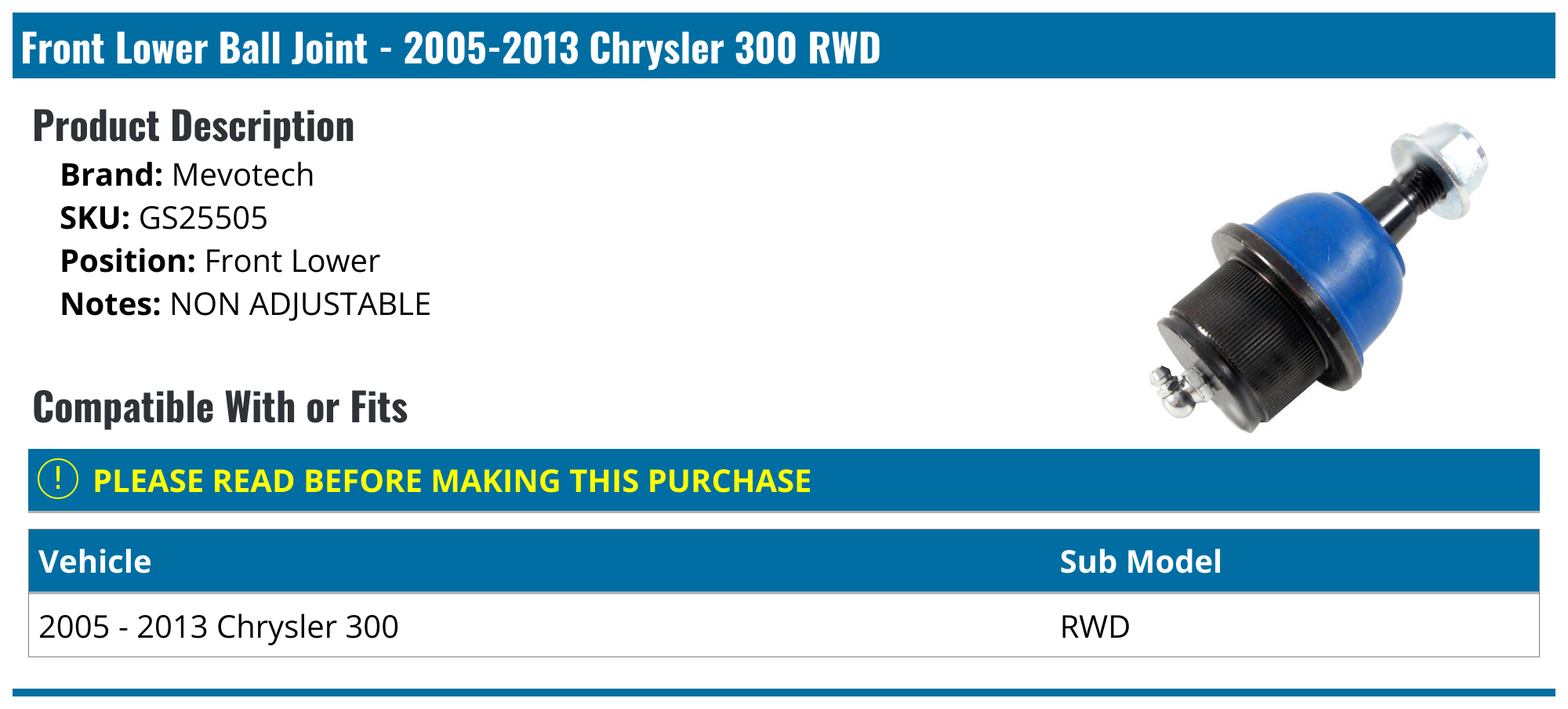 20052013 Chrysler 300 Ball Joint Mevotech GS25505 Front Lower