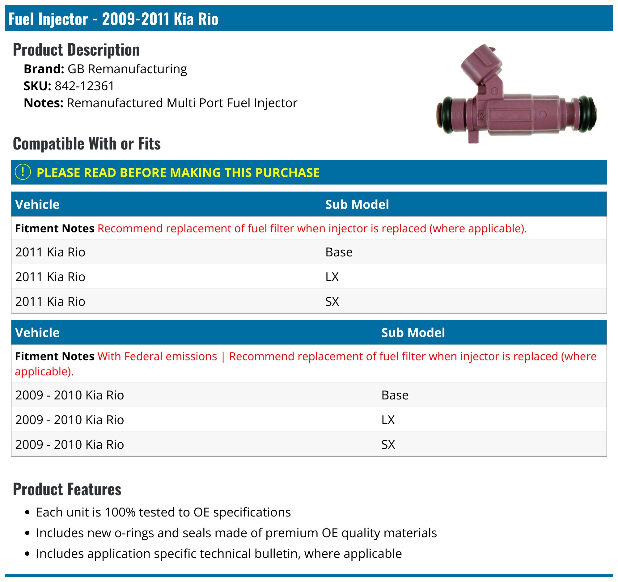 2009-2011 Kia Rio Fuel Injector - GB Remanufacturing 842-12361