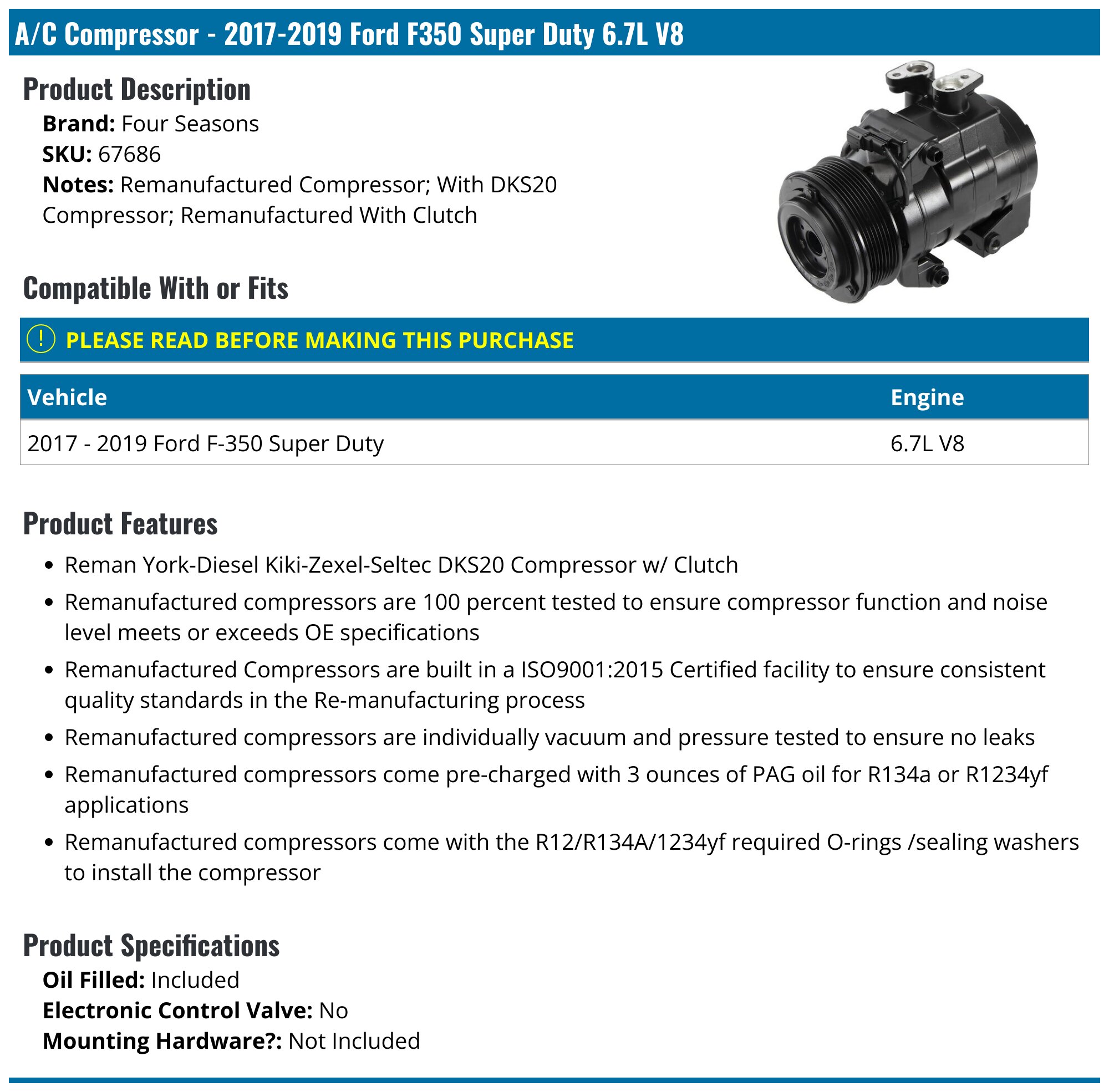 New A/C Compressor With Clutch For 2017-2019 Ford F-250 F-350 F-450 F-550 Super Duty 6.7L Diesel