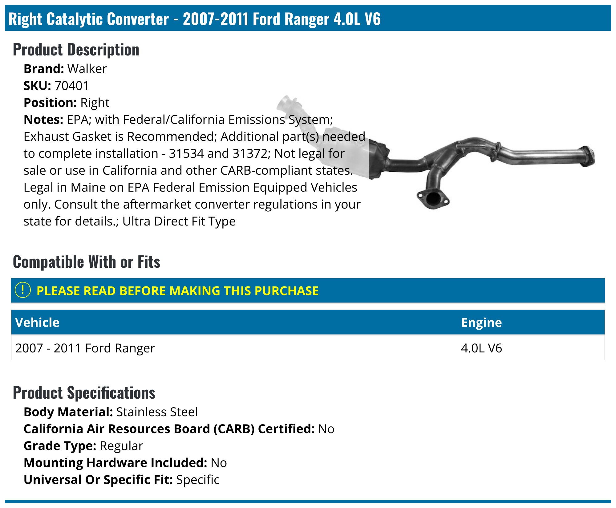Ford Ranger Catalytic Converter Pair Of Catalytic Converters For 2001-2003 Ford Ranger 4.0L V6 - OBDII, Heavy Duty, EPA Certified Catalytic Converters & Parts For Ford E-350 Super Duty Ford Ranger Catalytic Converter Pair Of Catalytic Converters For 2001-2003 Ford Ranger 4.0L V6 - OBDII, Heavy Duty, EPA Certified Catalytic Converters & Parts For Ford E-350 Super Duty