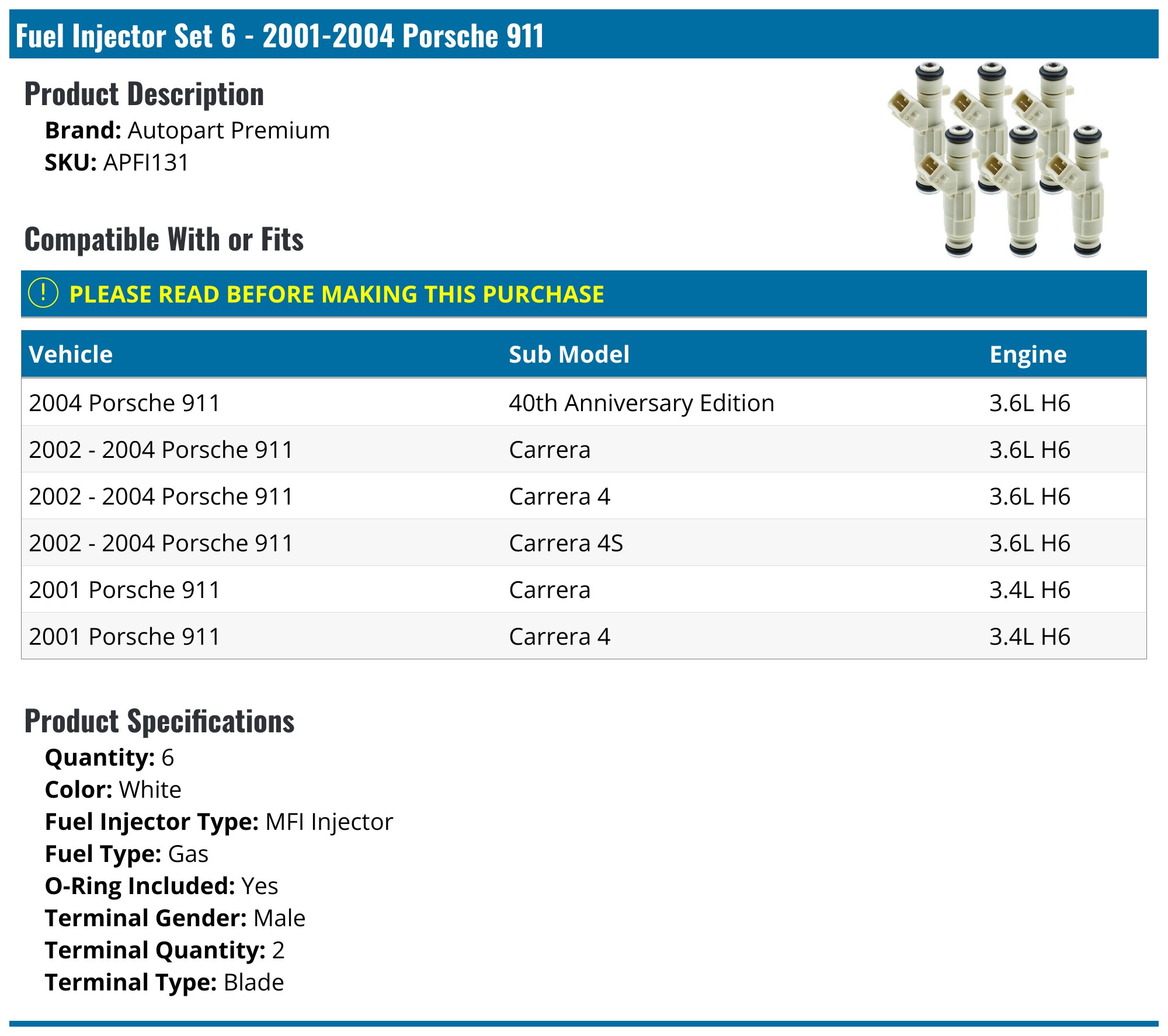 2001-2004 Porsche 911 Fuel Injector - Autopart Premium APFI131 ...