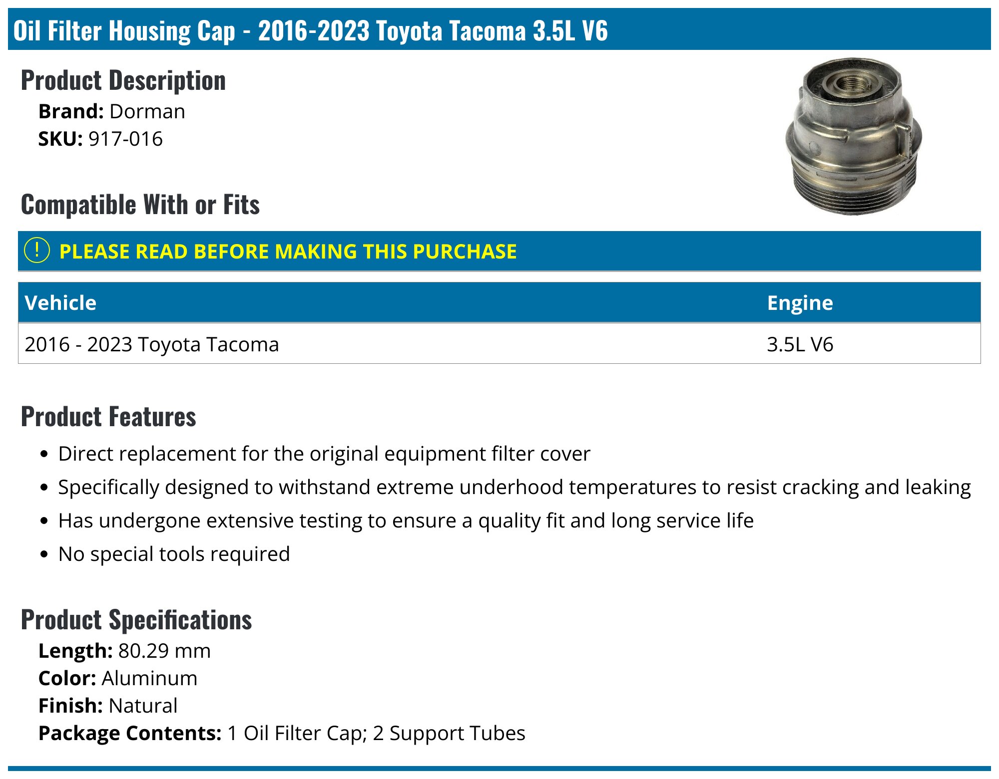20162023 Toyota Oil Filter Housing Cap Dorman 917016