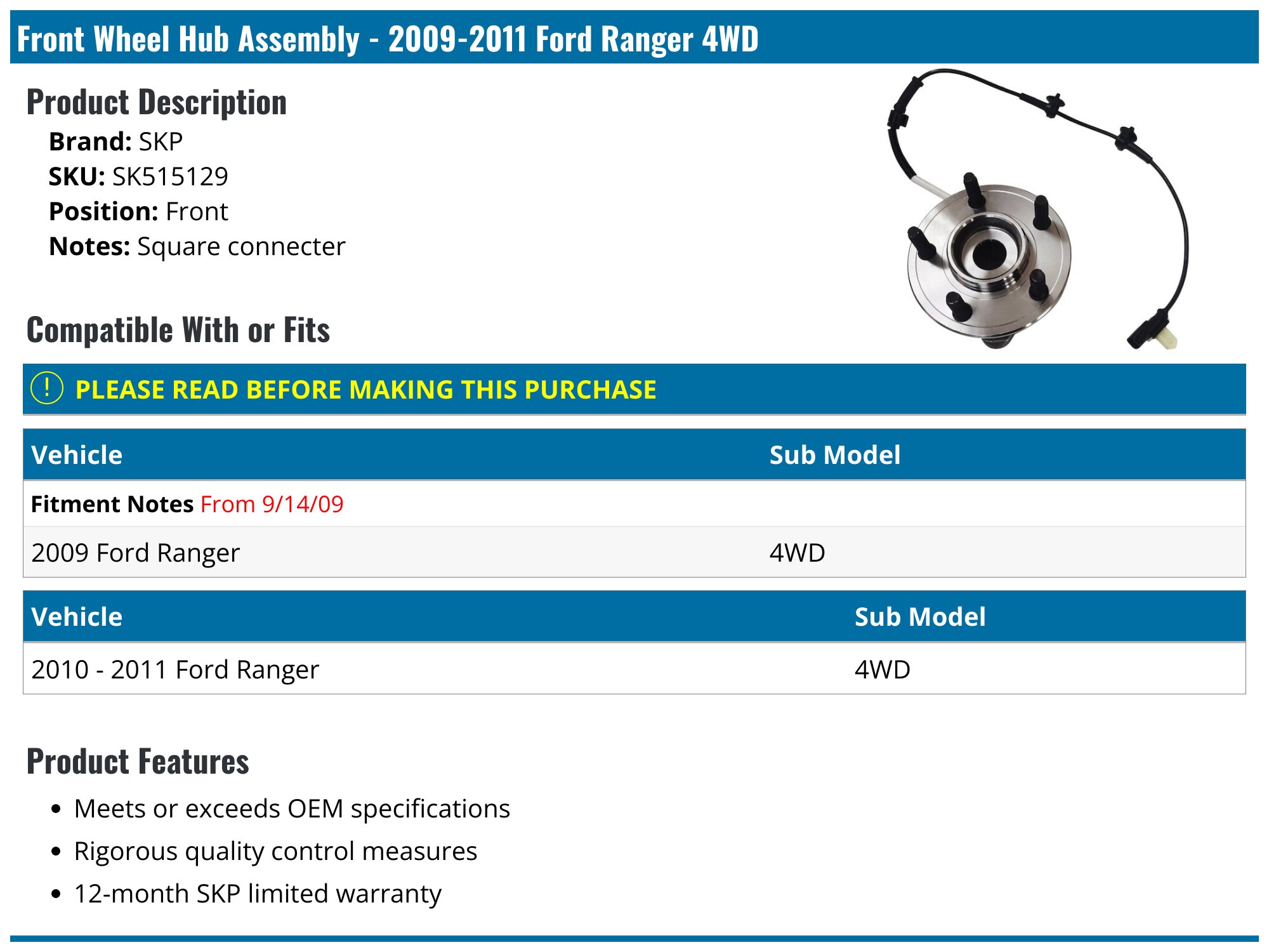 2009-2011 Ford Ranger Wheel Hub Assembly - SKP SK515129 - Front ...