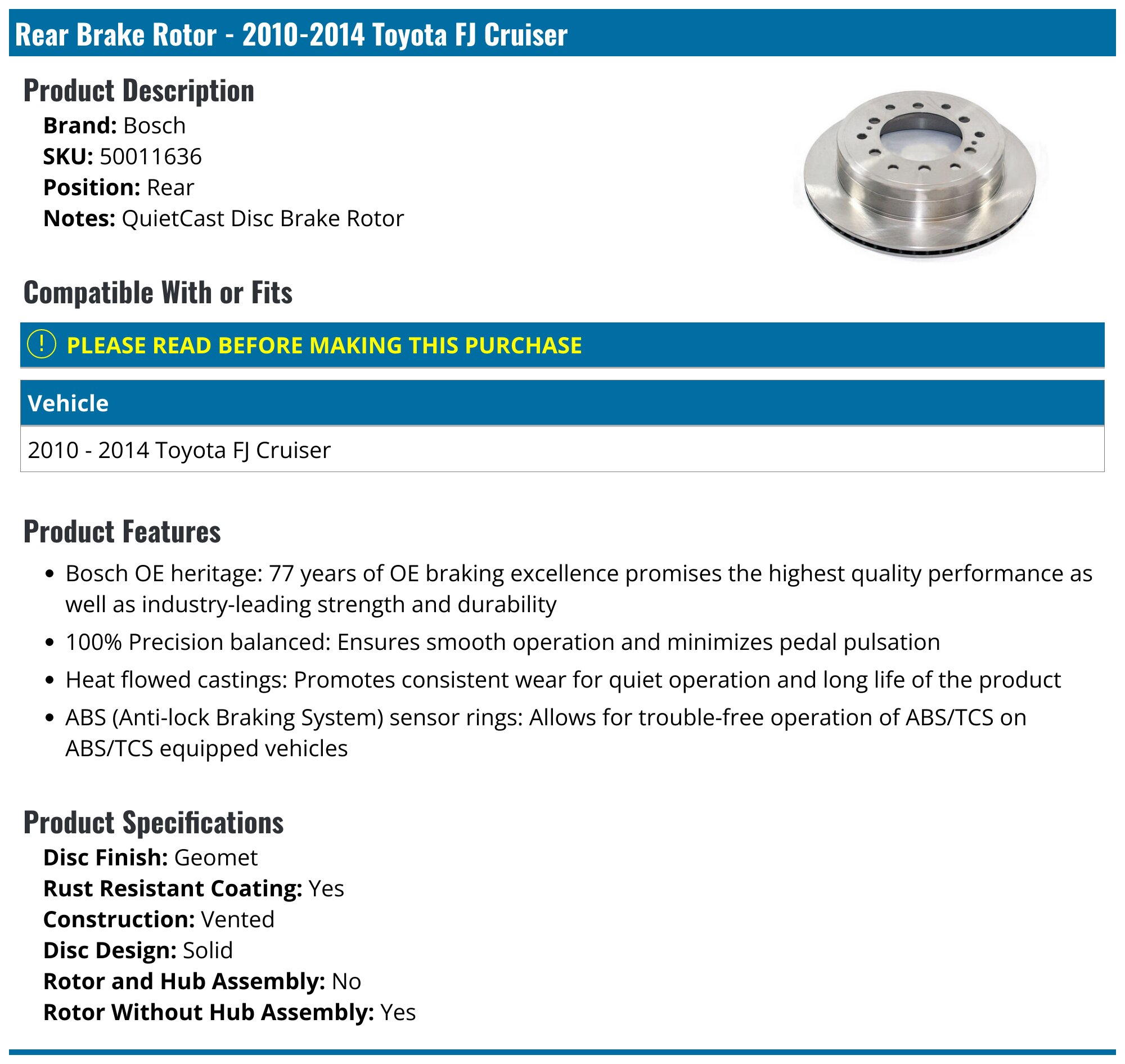 Rear Brake Rotor 2010-2014 Toyota FJ Cruiser Bosch 95988-05792854