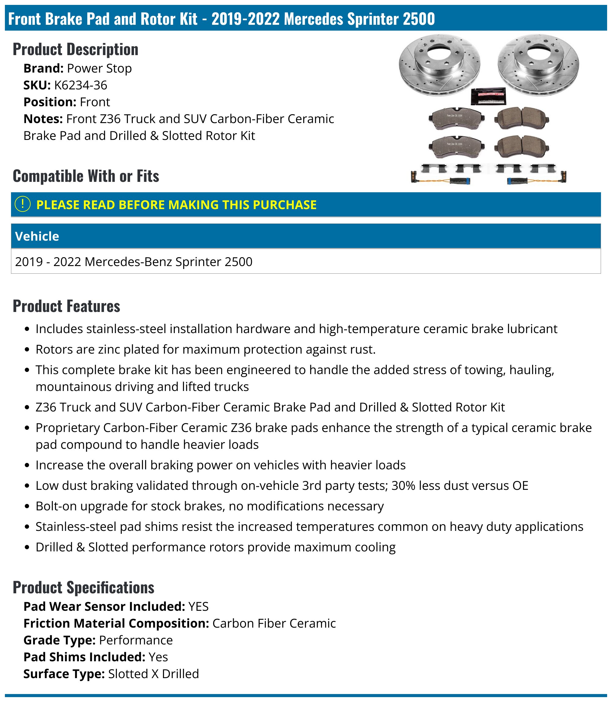 Sprinter Brake System 2019-2024 Mercedes Sprinter 2500 Brake Rotor - Power Stop K6234-36 ...