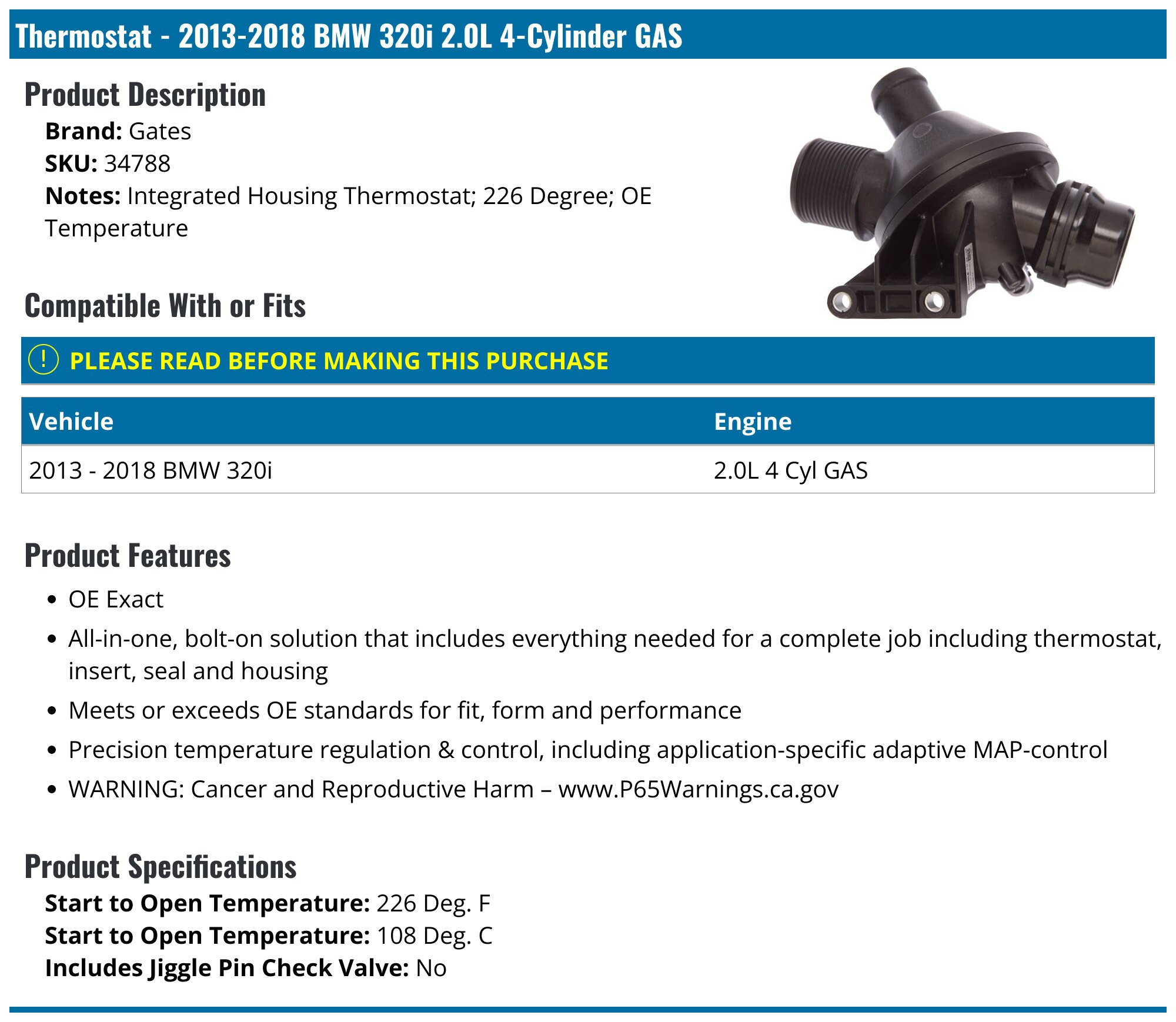2013-2018 BMW 320i Thermostat - Gates 34788 - PartsGeek.com