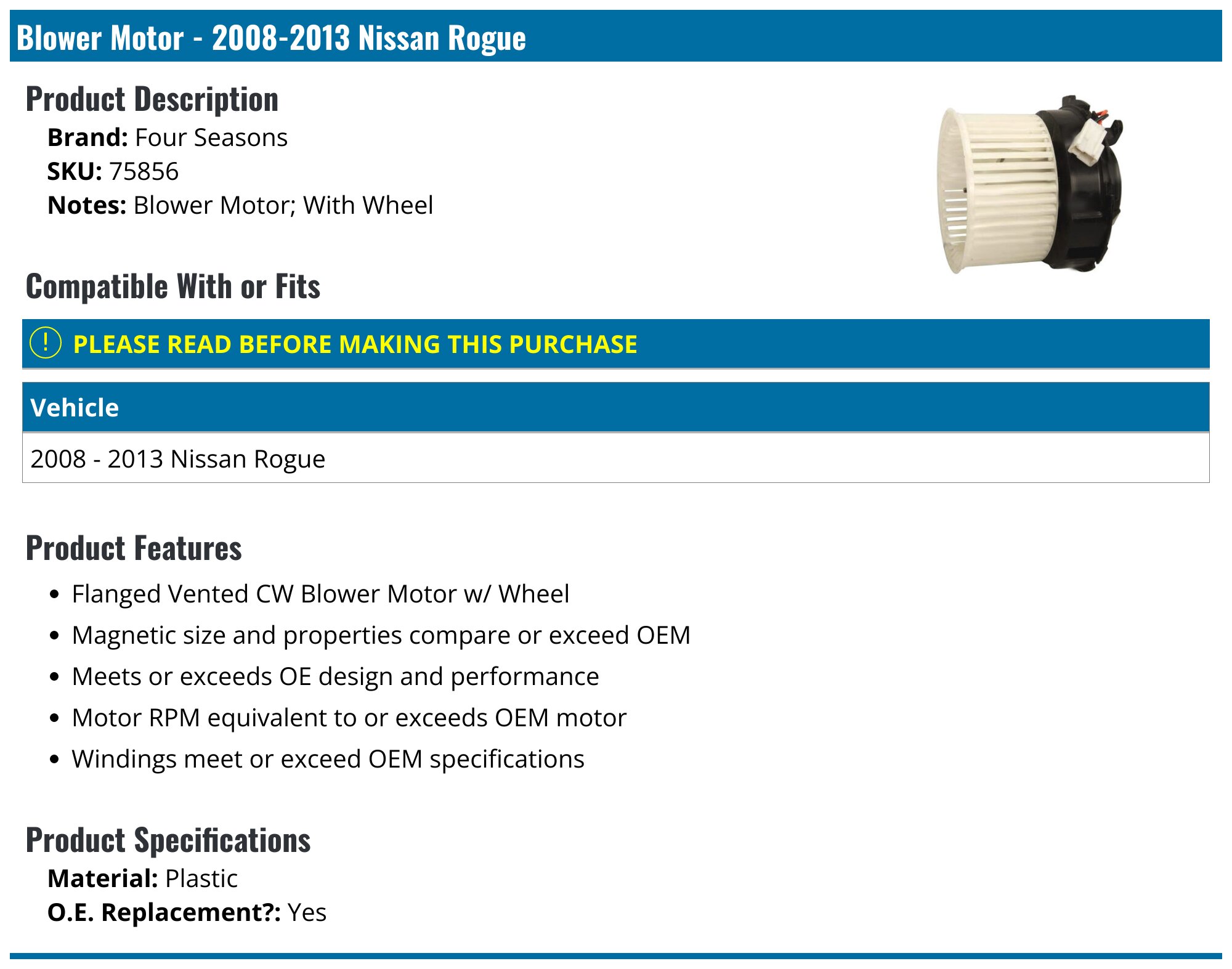 20082013 Nissan Rogue Blower Motor Four Seasons 75856