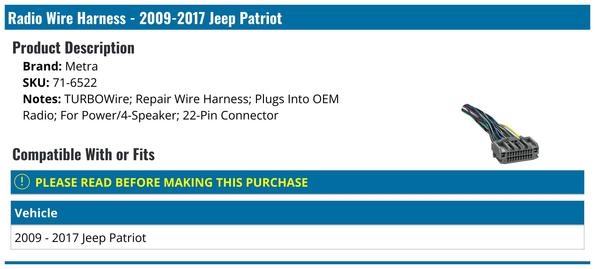 20092017 Jeep Patriot Radio Wire Harness Metra 716522