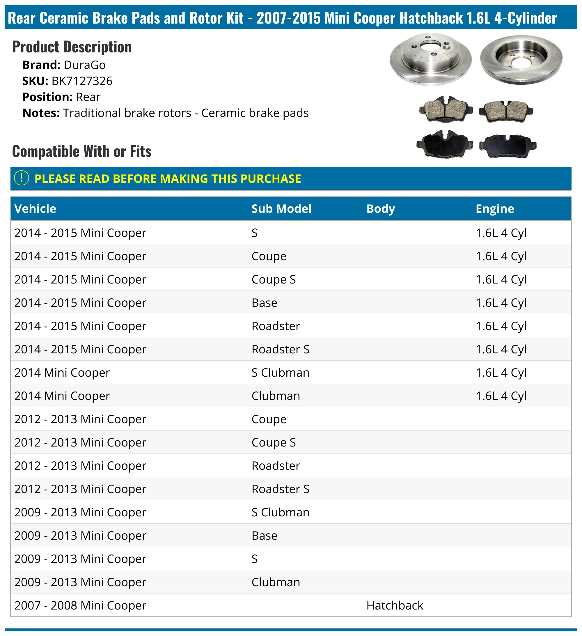 Rear Ceramic Brake Pad Set For 2007-2013 Mini Cooper 1.6L - Includes Hardware, P-1309