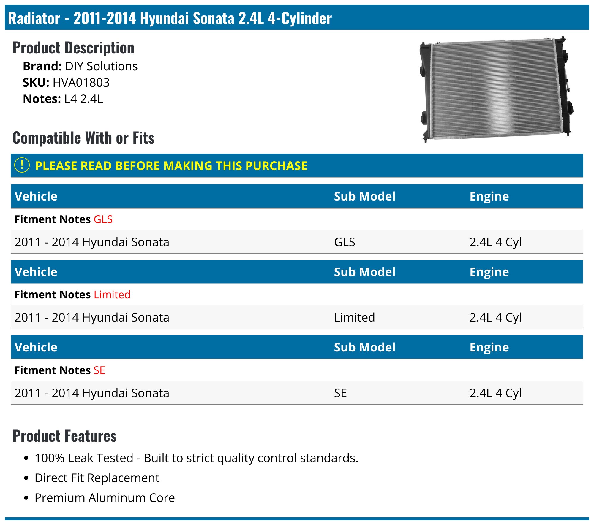 Aluminum/Plastic Radiator For 2011-2013 Hyundai Sonata 2.4L – Ignitionco CU13191