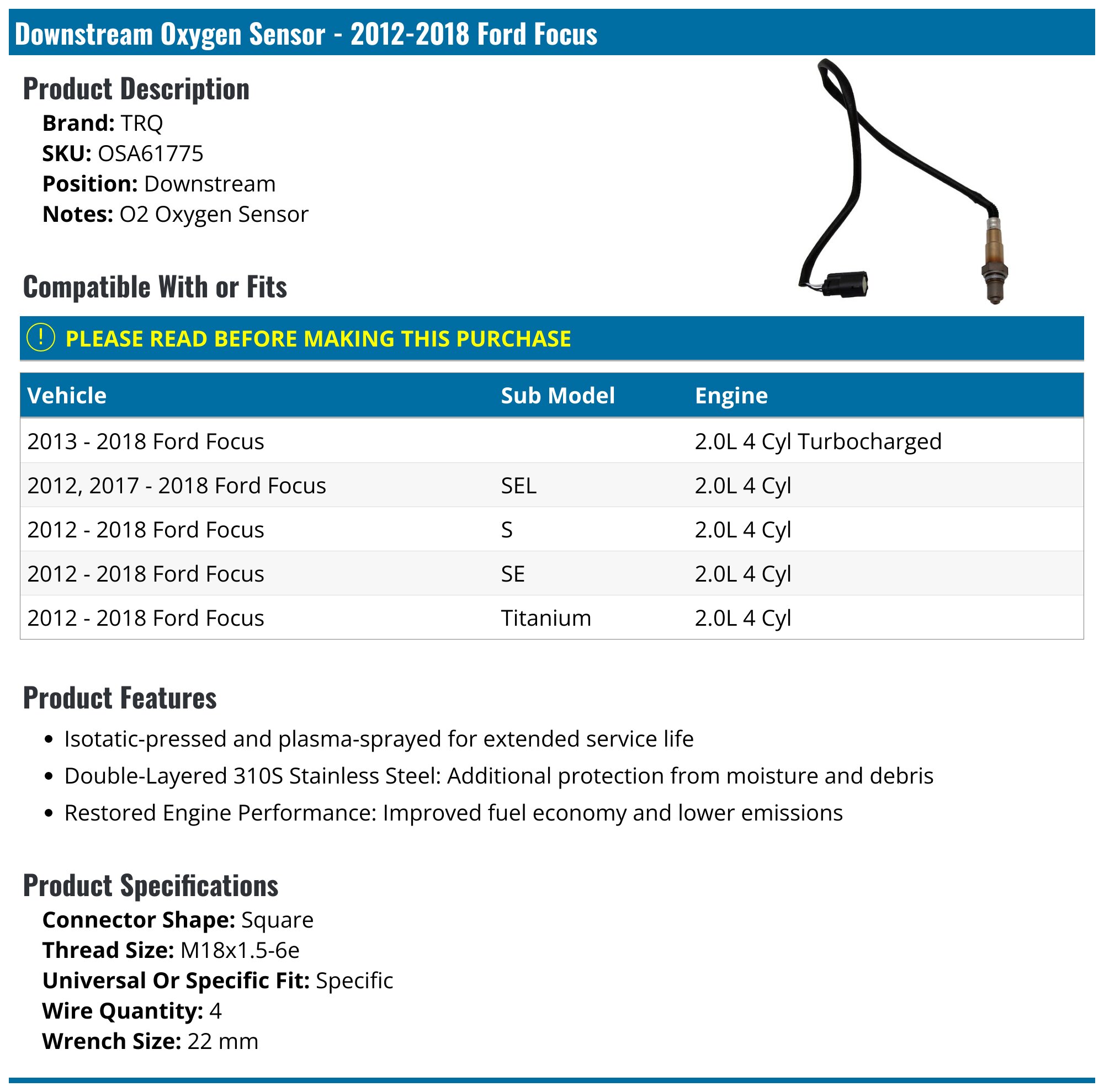 2012-2018 Ford Focus Oxygen Sensor - TRQ OSA61775 - Downstream ...