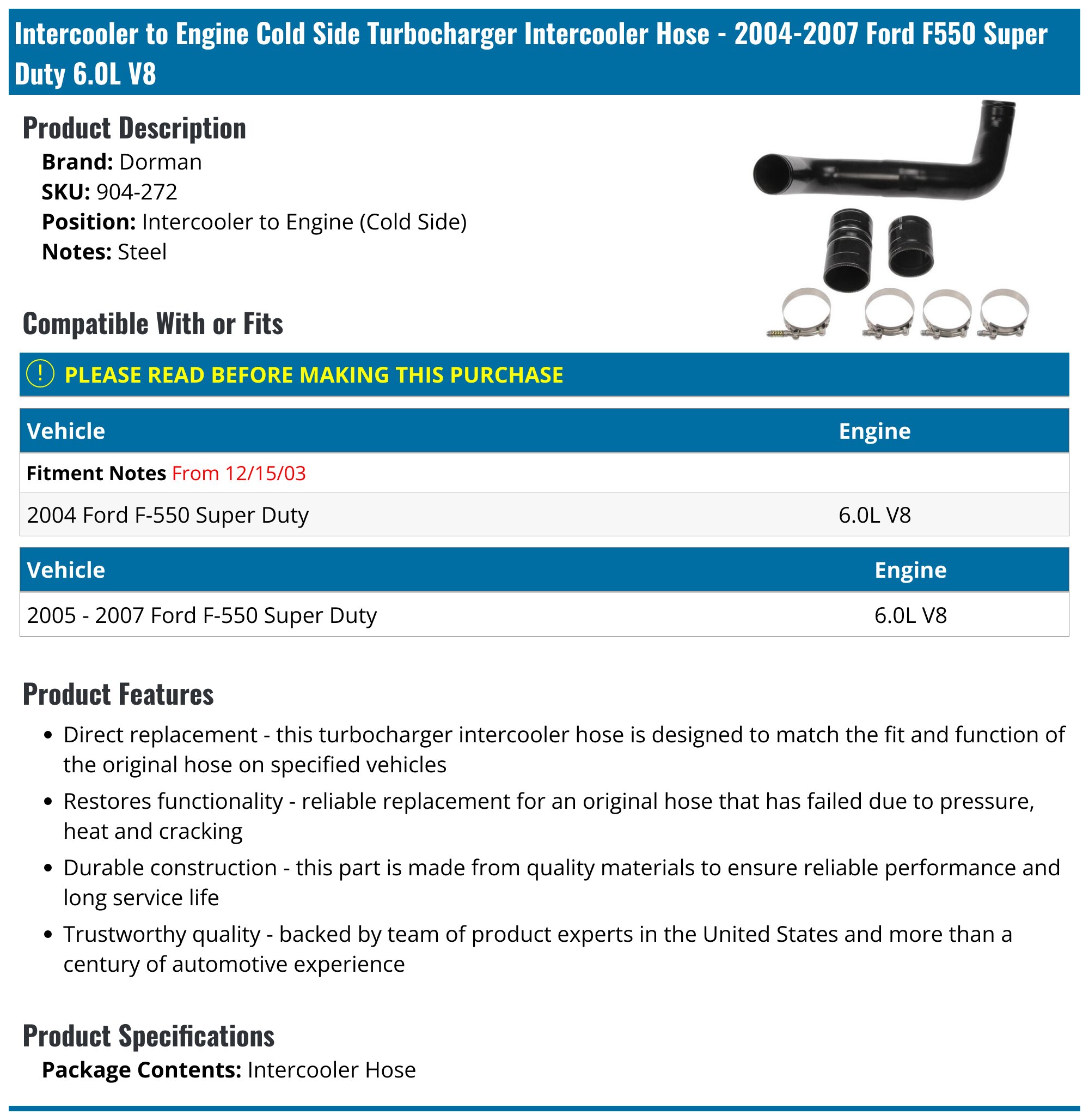 20042007 Ford F550 Super Duty Turbocharger Intercooler Hose Dorman