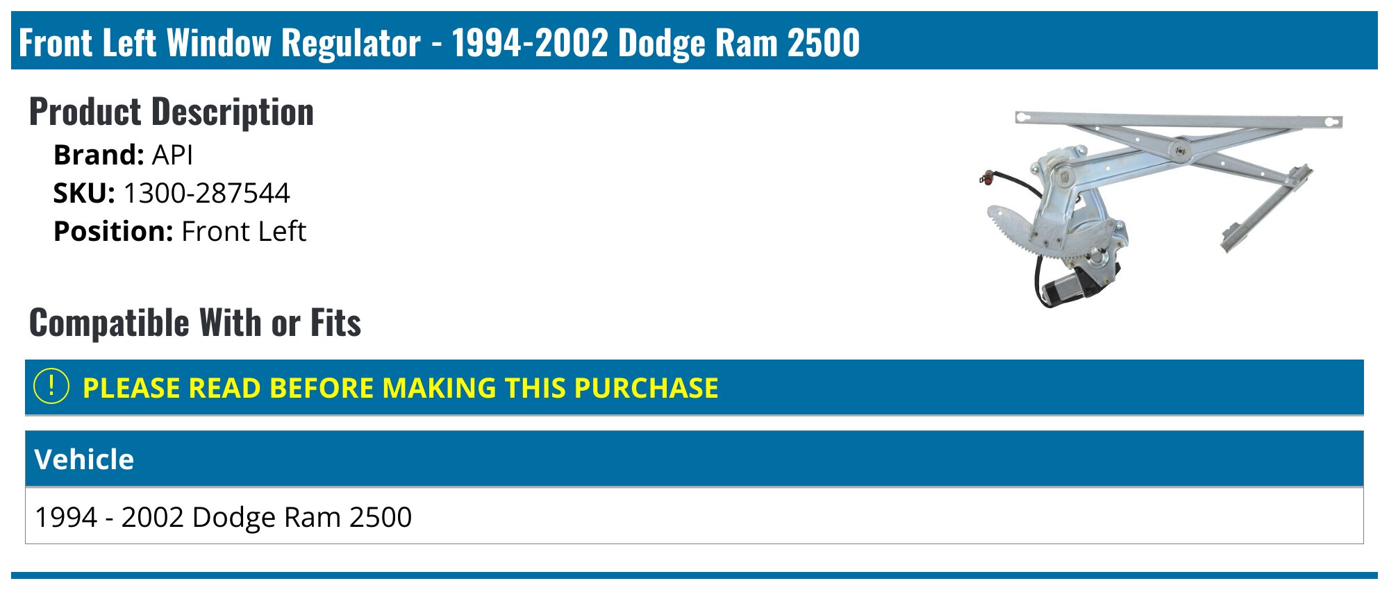 Ram Window Regulator - Guaranteed Genuine