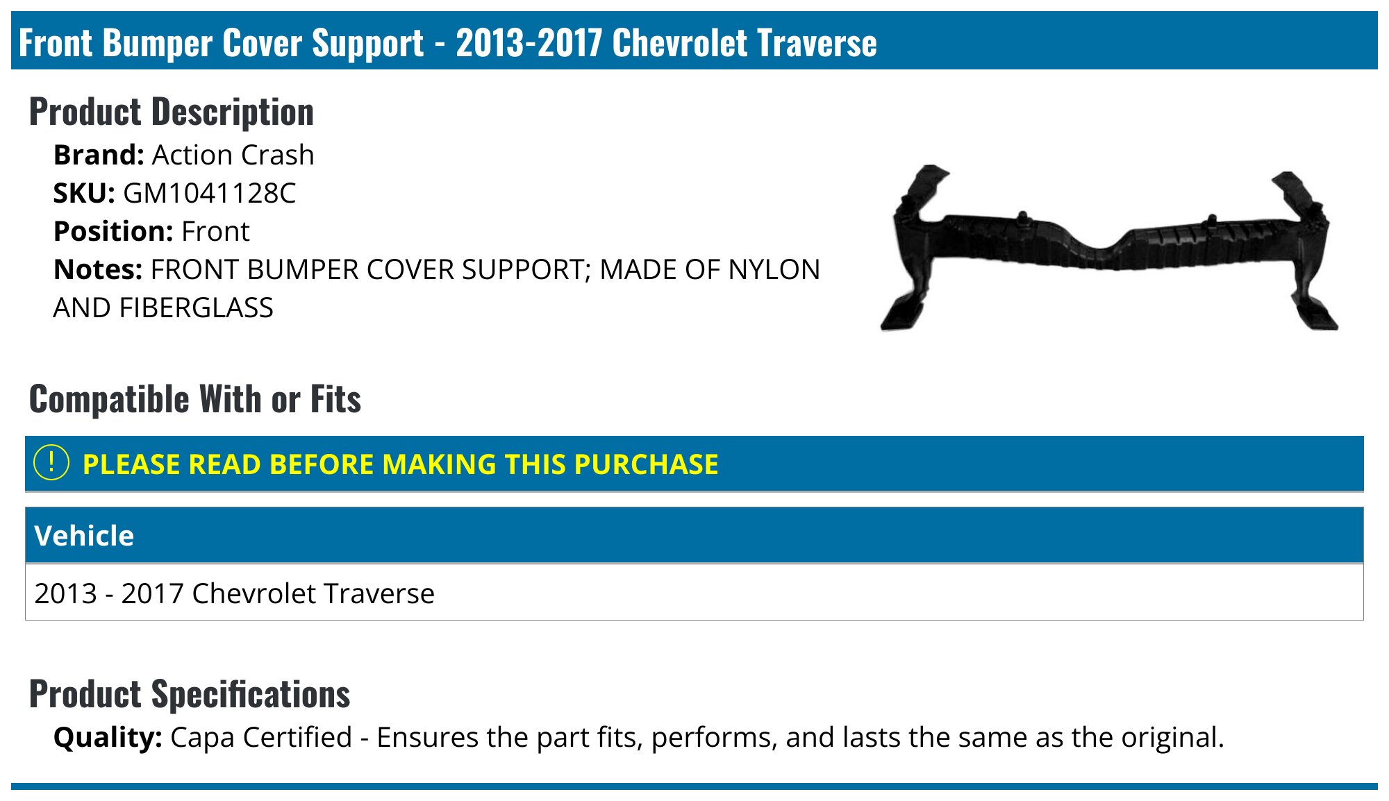 Evan-Fischer Front Bumper Absorber For 2013-2017 Chevrolet Traverse 20983793