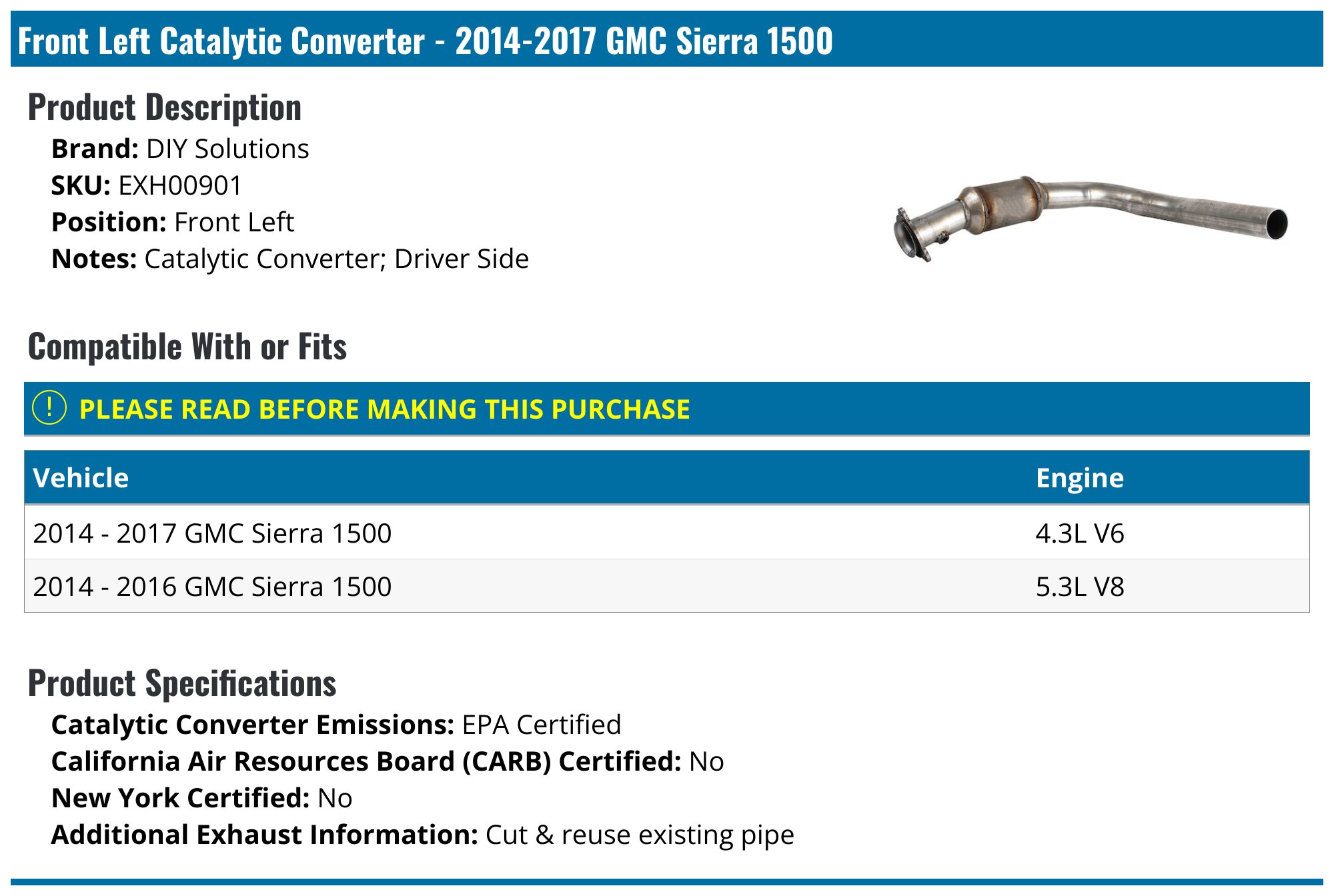 20142017 GMC Sierra 1500 Catalytic Converter DIY Solutions EXH00901
