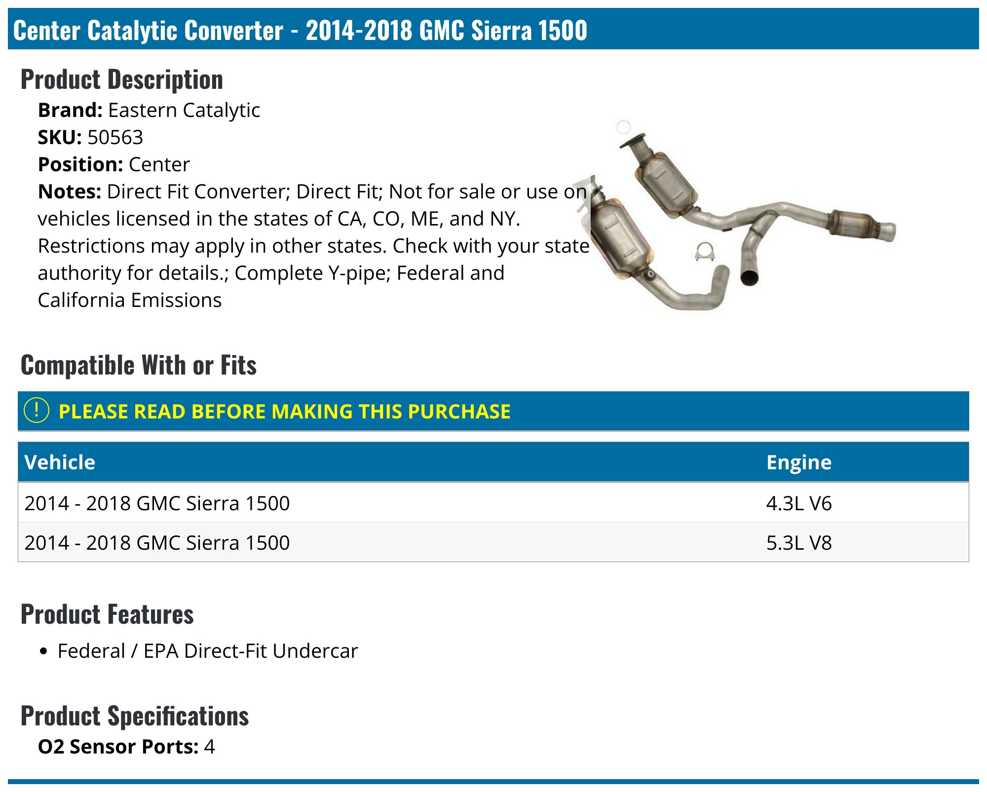 EPA Compliant Catalytic Converter For 2014-2020 GM 6.2L Trucks & SUVs (Sierra, Escalade, Suburban)
