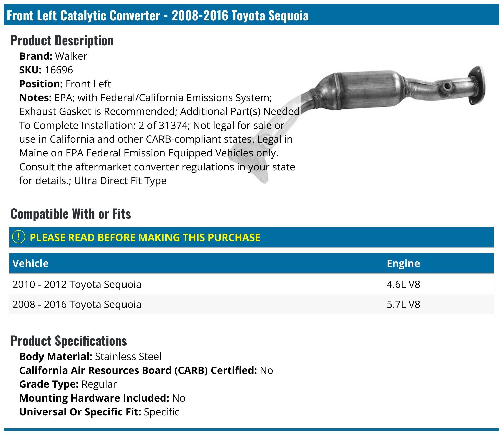 2008-2016 Toyota Sequoia Catalytic Converter - Walker 16696 - Front ...