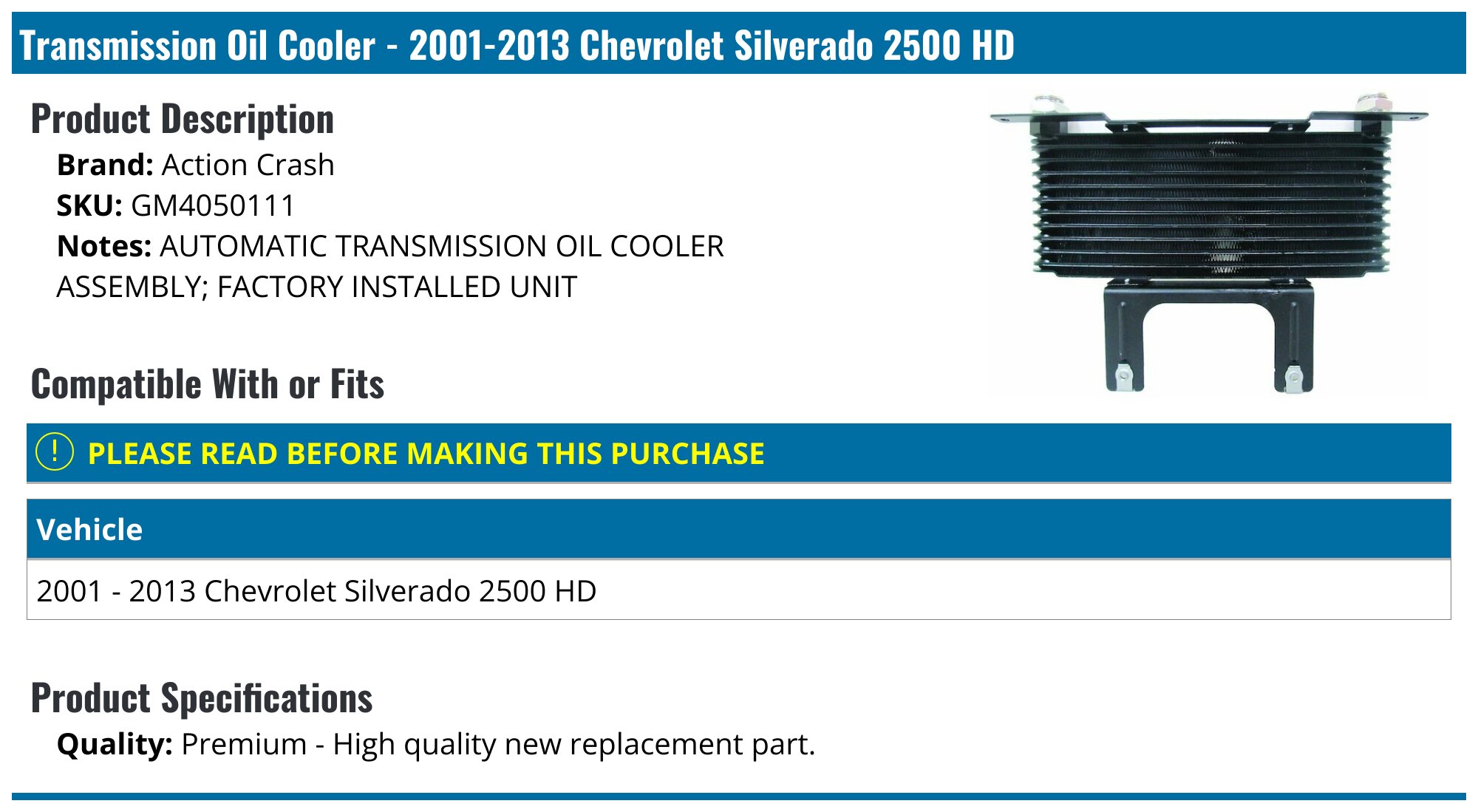 2001-2013 Chevrolet Silverado 2500 HD Automatic Transmission Oil Cooler ...