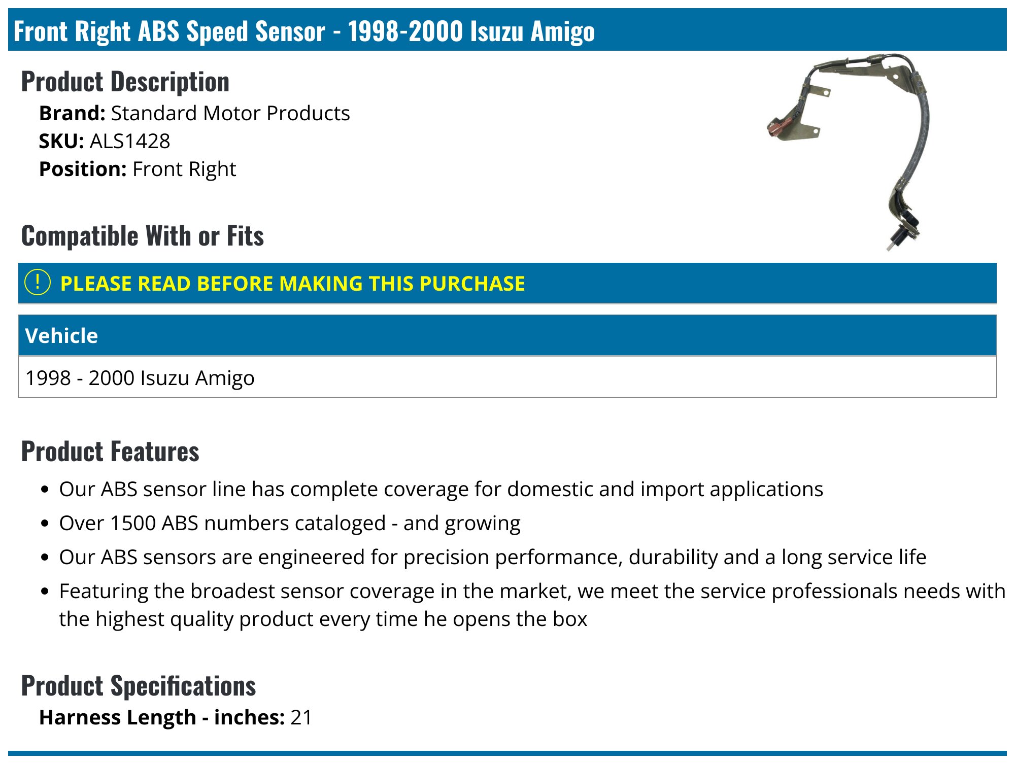 Front Right ABS Speed Sensor For 1995-02 Isuzu Trooper 1996-99 SLX Wheel Mounted - Foto 10