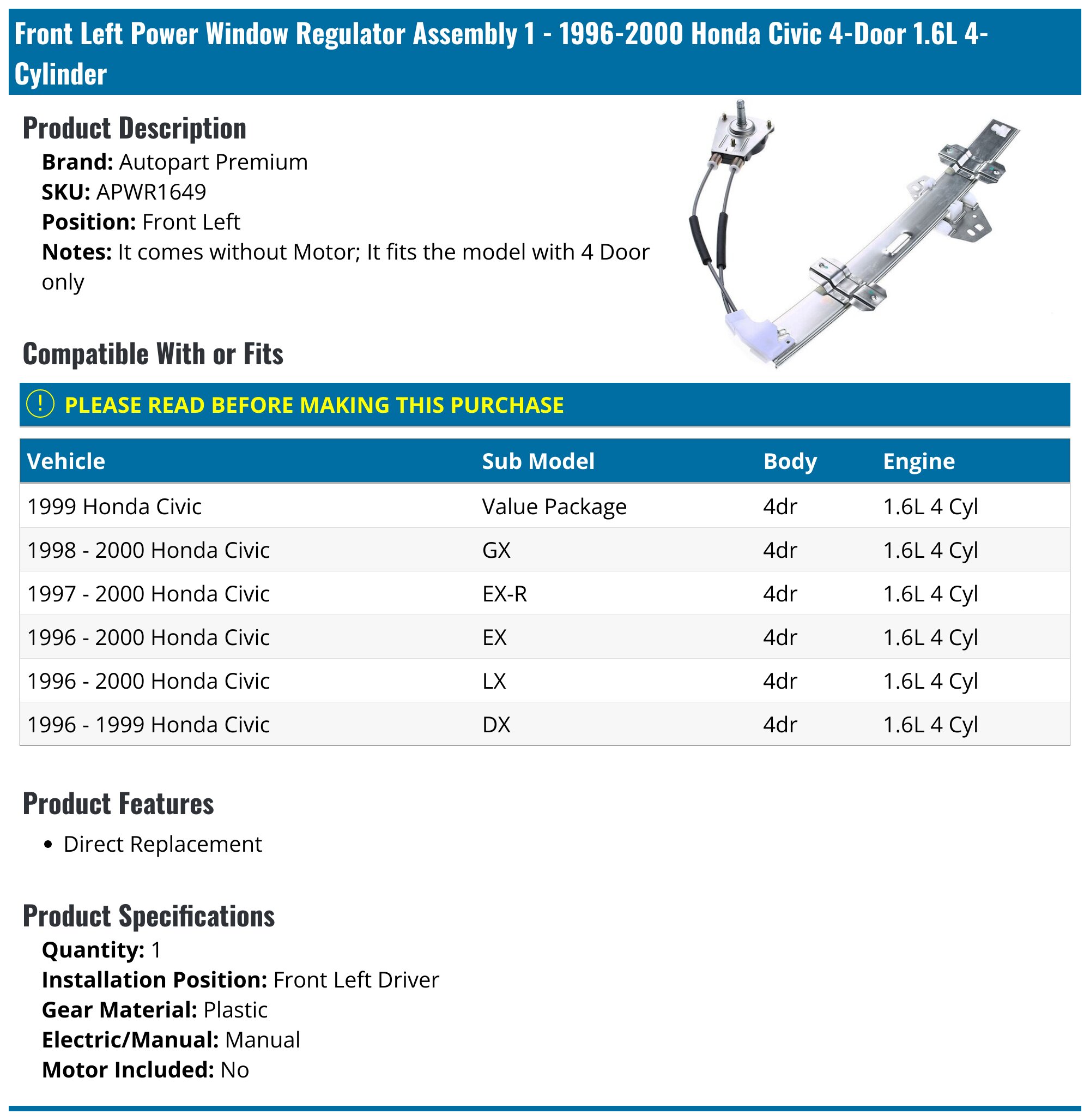 Dorman 740-614 Front Driver Side Window Regulator