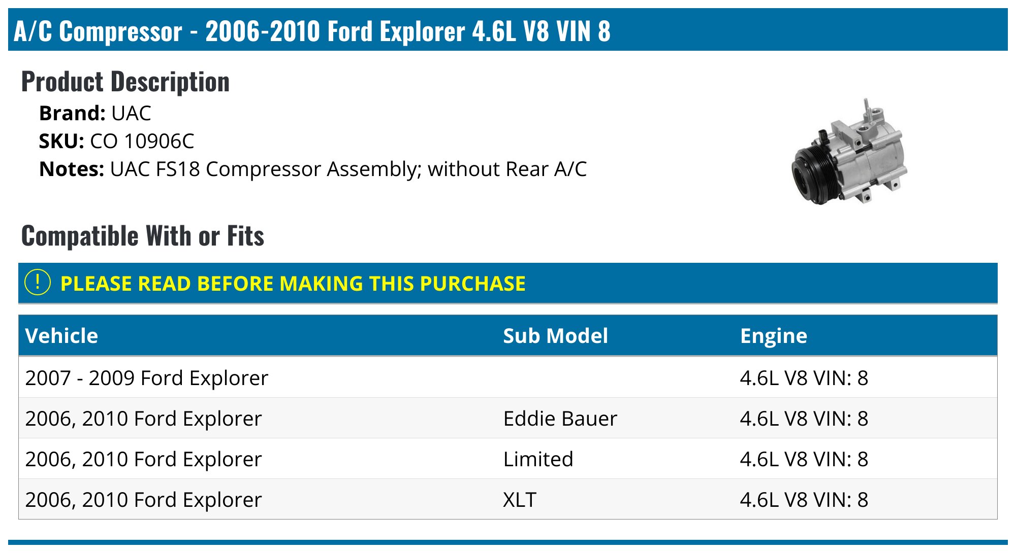 2006-2010 Ford Explorer A/C Compressor - UAC CO 10906C - PartsGeek.com