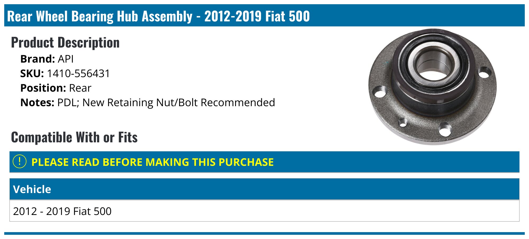 Detroit Axle Rear Wheel Bearing Hub Assembly For Fiat 500 – 2012-2019 – Driver & Passenger Side