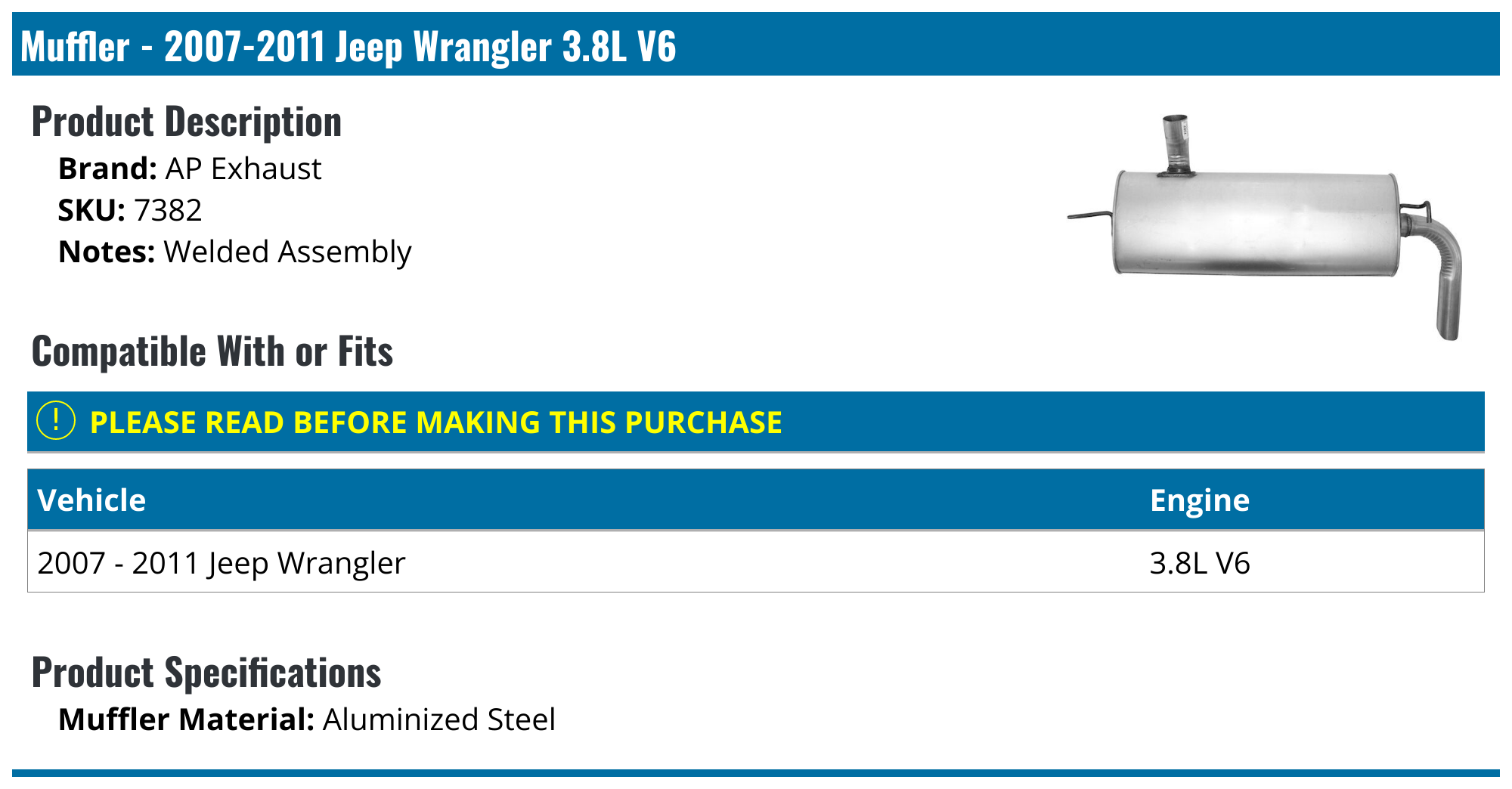 20072011 Jeep Wrangler Muffler AP Exhaust 7382
