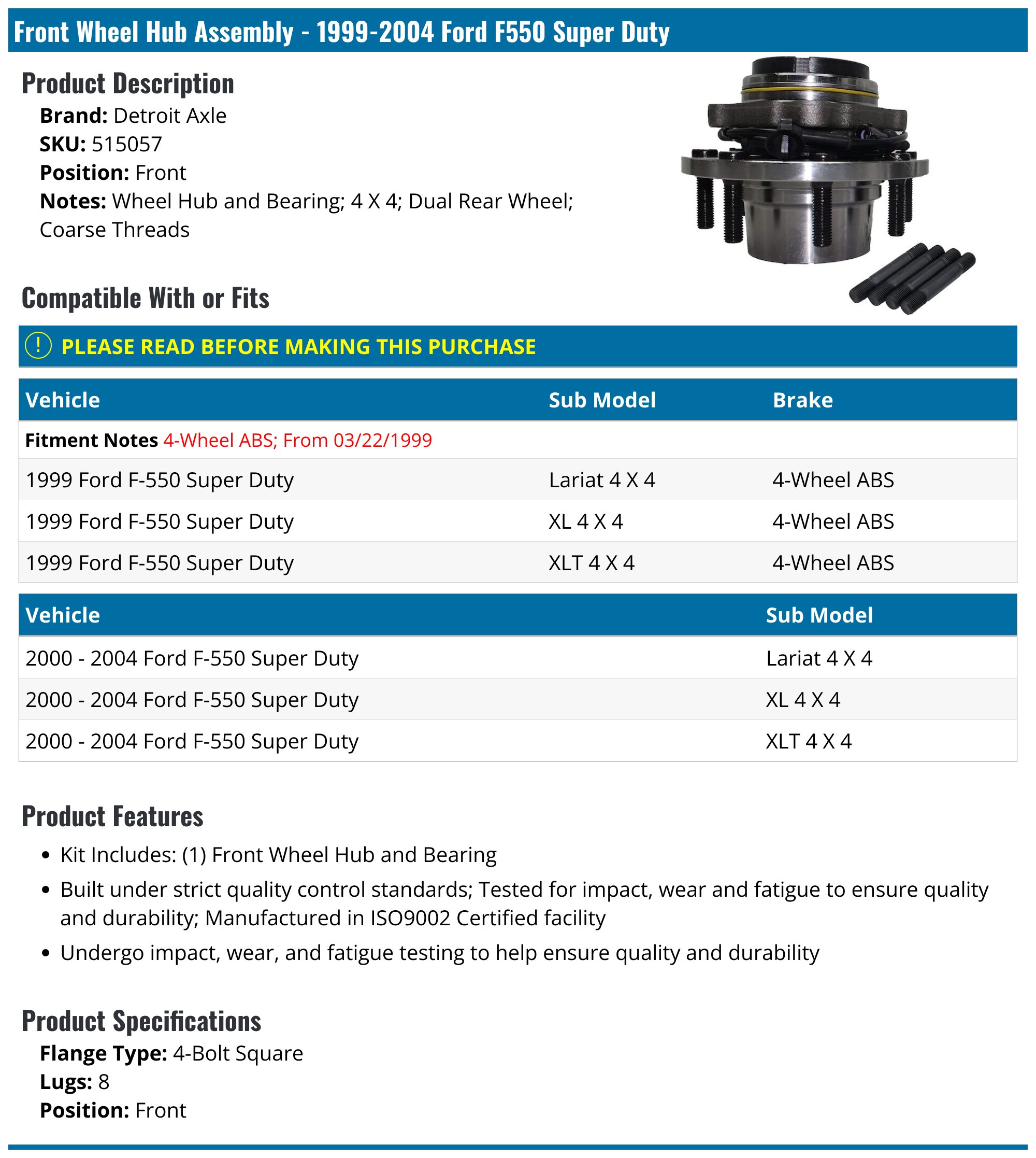 1999-2004 Ford F550 Super Duty Wheel Hub Assembly - Detroit Axle 515057 ...