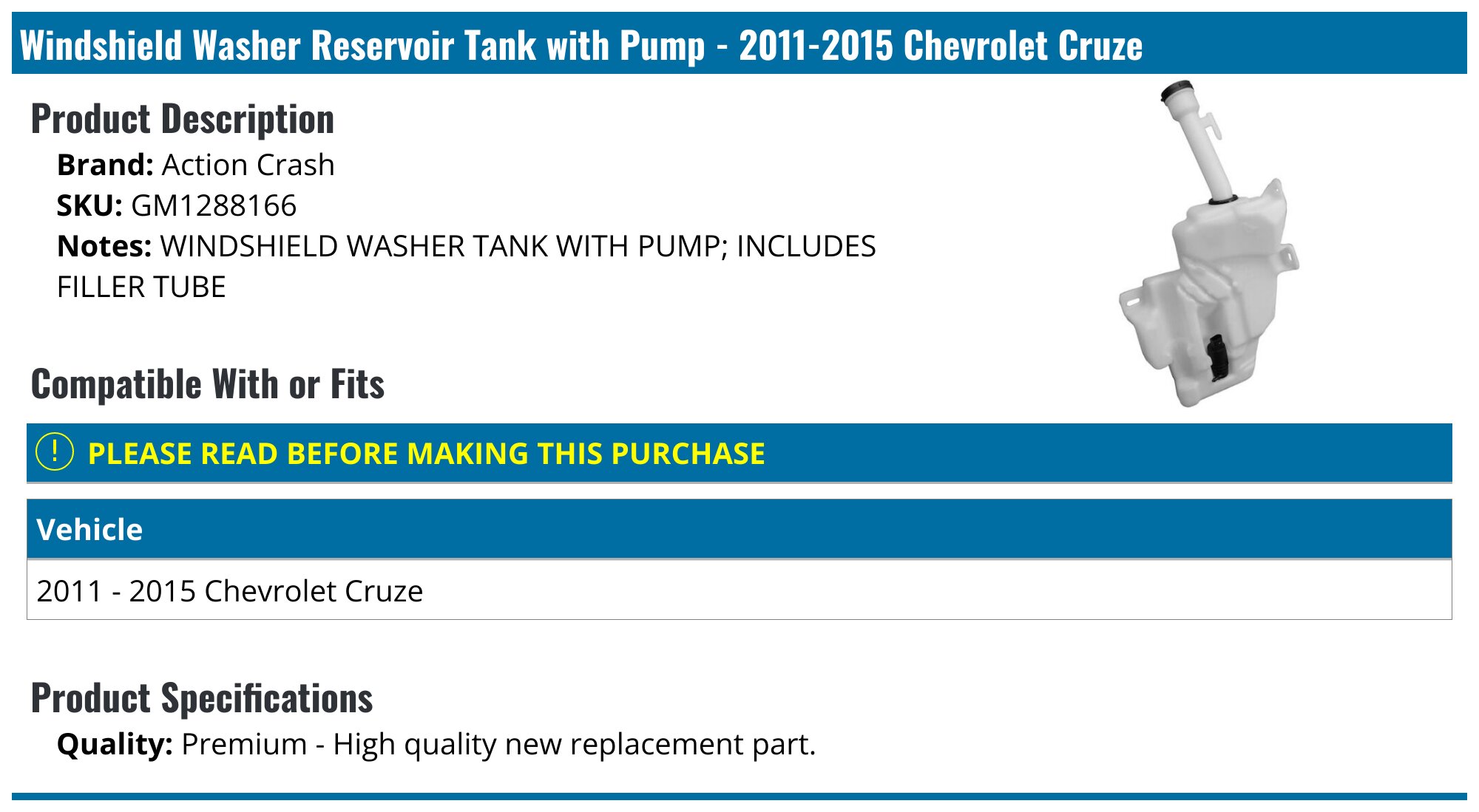 2016-2019 Chevrolet Cruze Windshield Washer Fluid Reservoir Filler Tube 23372320 GM