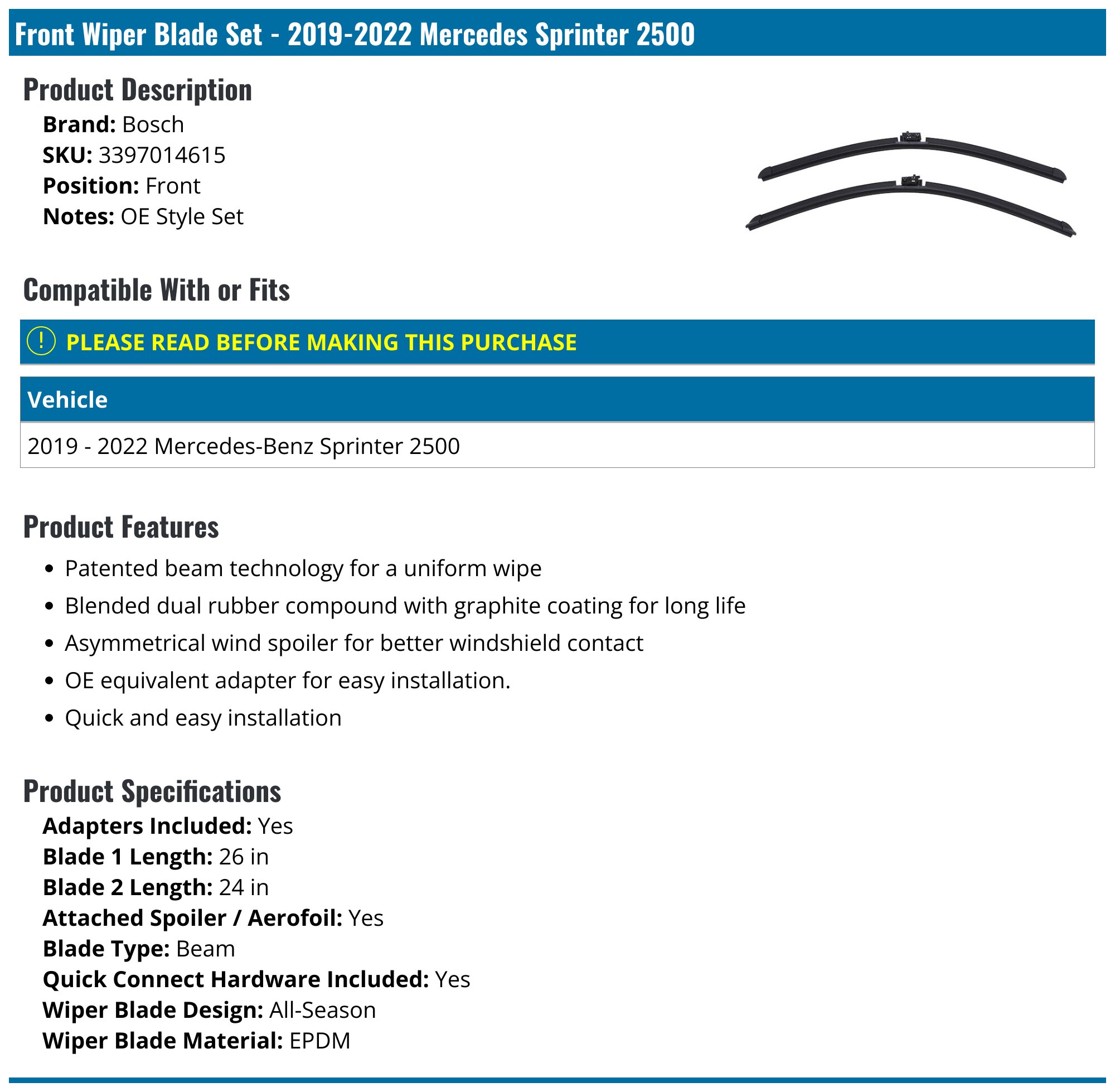 SET-BS26SD-E Bosch Windshield Wiper Blades Set Of 2 For MB