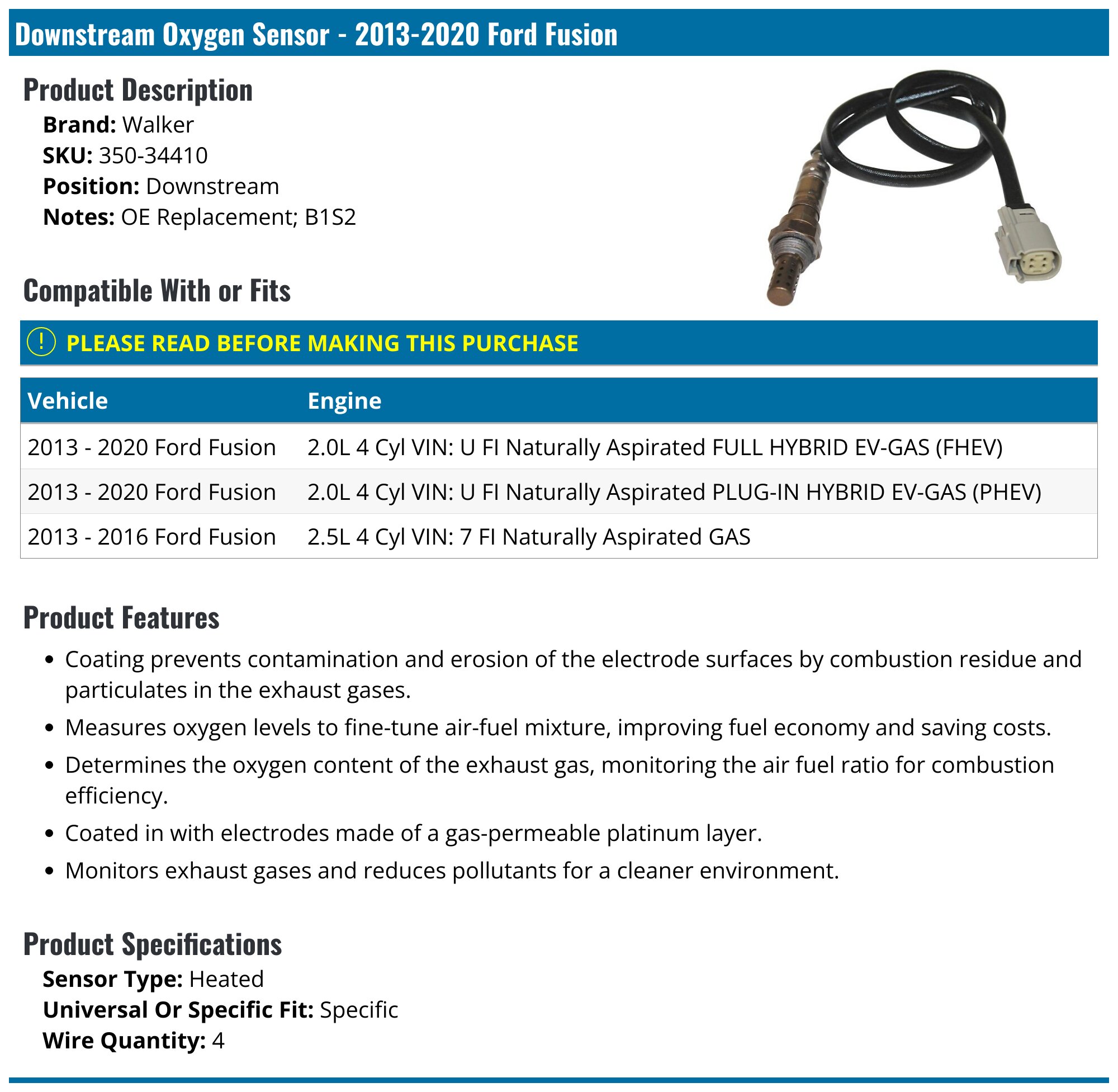 2013-2020 Ford Fusion Oxygen Sensor - Walker 350-34410 - Downstream ...