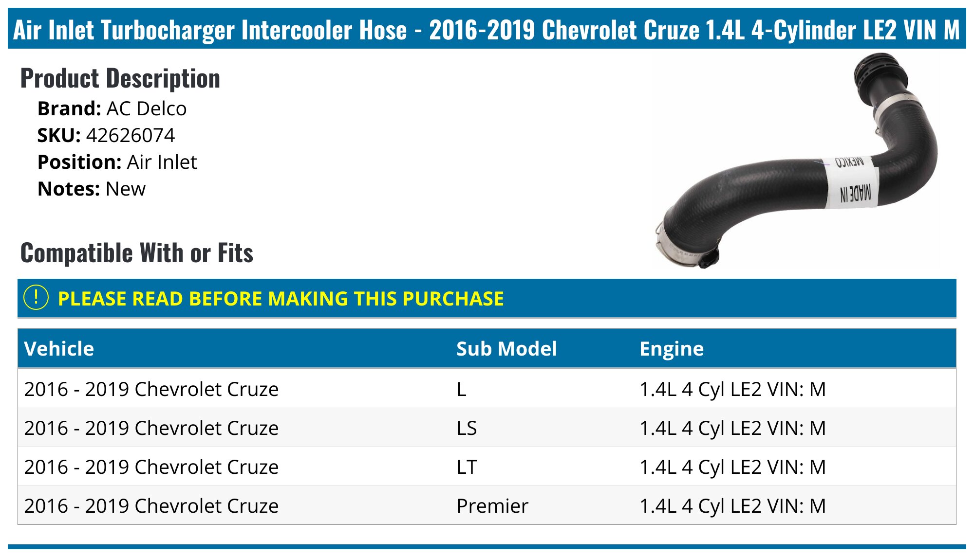 Azpartspro Turbo Intake Hose For Chevy Cruze 2016-2019 – Intercooler Air Inlet