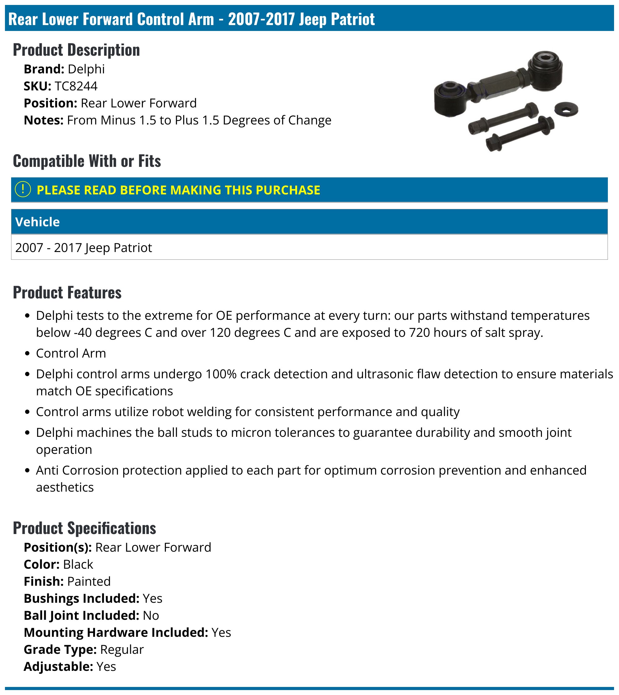 Front Lower Right Control Arm With Ball Joint For Jeep Patriot 2007-2016 – Direct Fit By 8USAUTO
