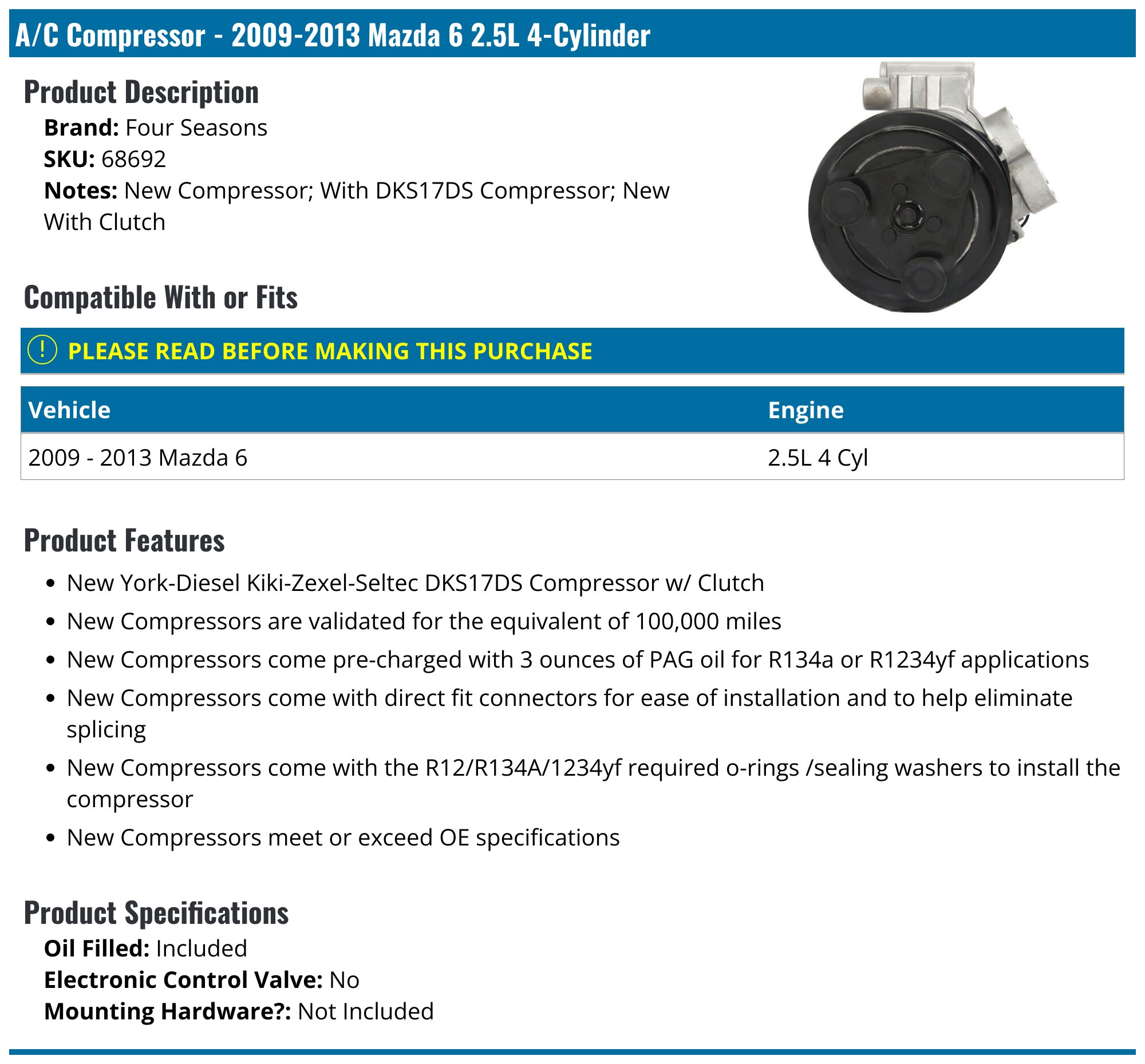 Reman A/C Compressor For 2009-2013 Mazda 6 2.5L – DKS17D W/Clutch, 1-Year Warranty