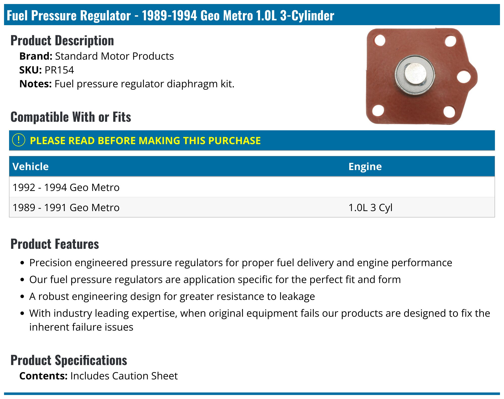 1989-1994 Geo Metro Fuel Pressure Regulator - Standard Motor