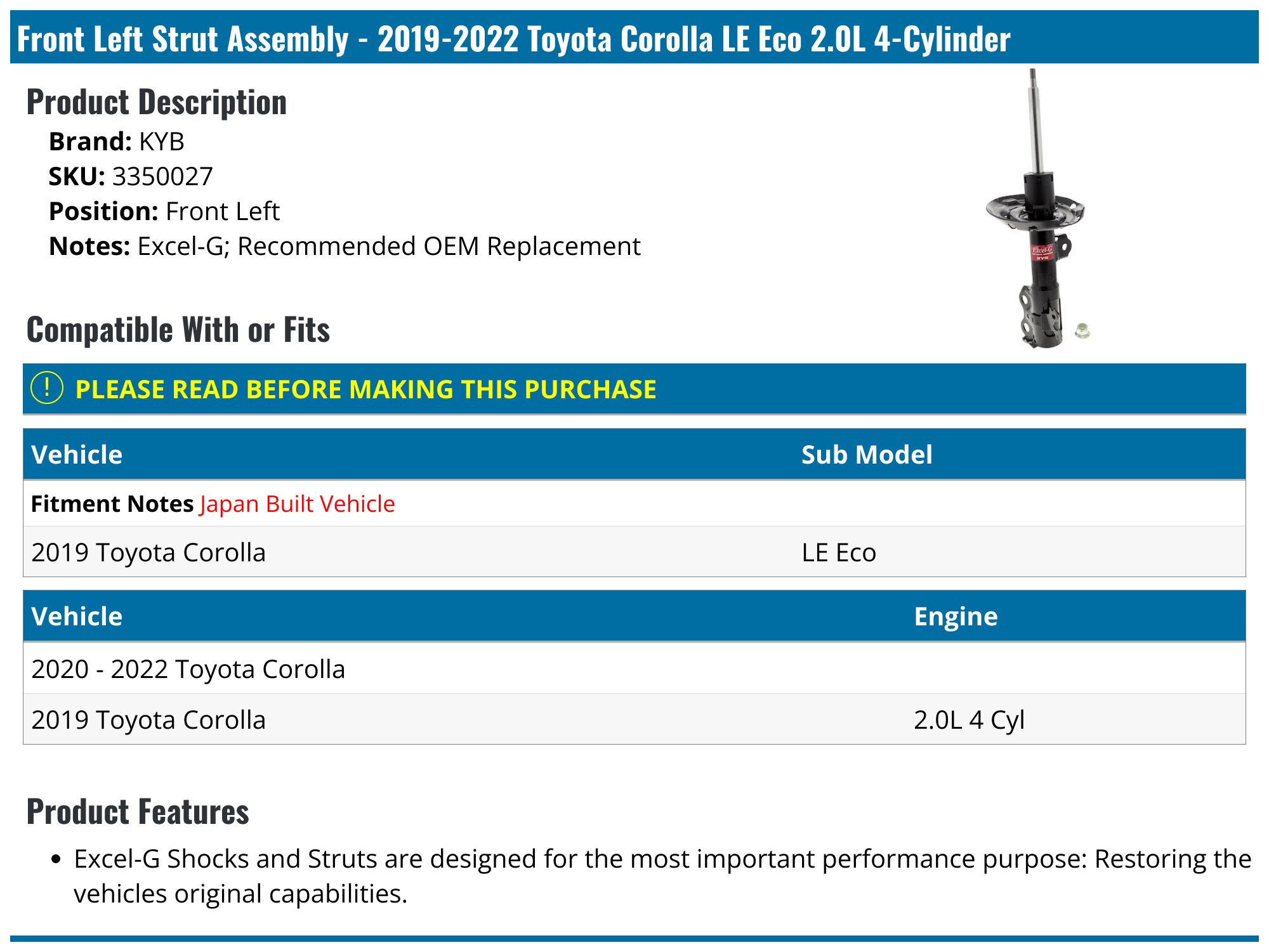 2019-2026 Toyota Corolla Strut Assembly - KYB 3350027 - Front Left ...
