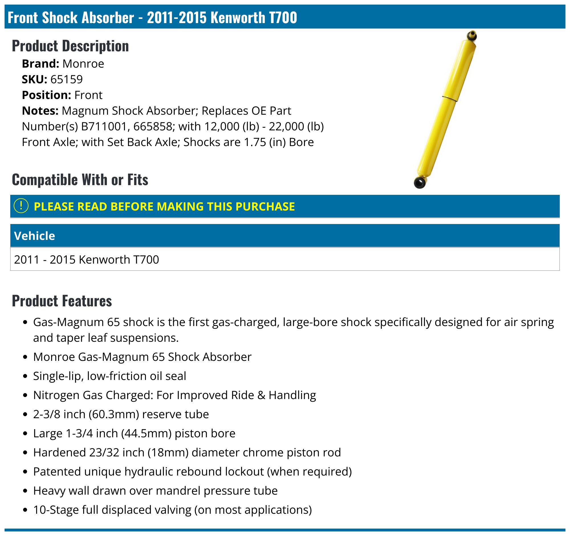 Monroe 56958JK Magnum Cab Shock Absorber – Fits Kenworth T2000 (1997-2011) – Cab Suspension