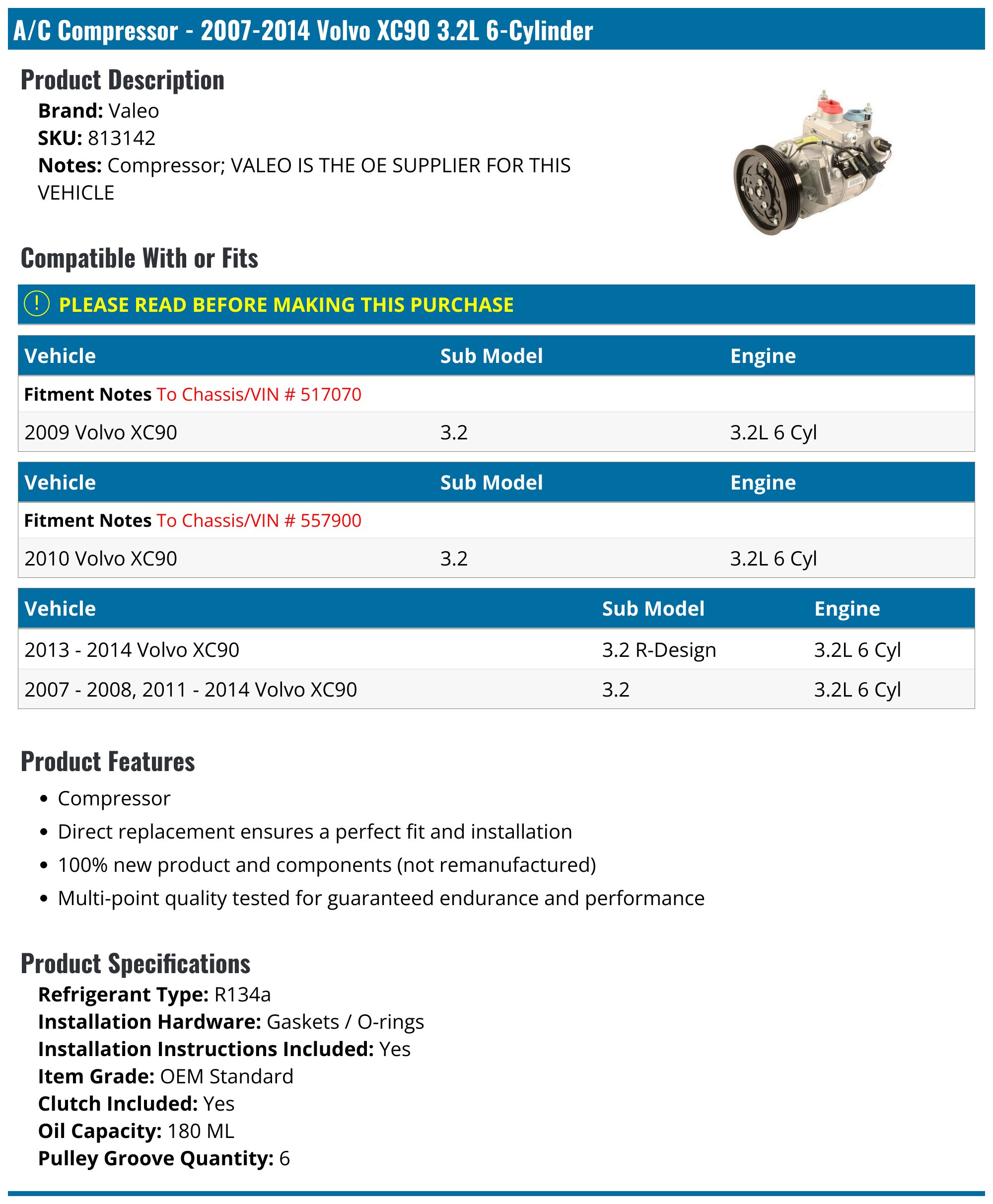 A-Premium AC Compressor With Clutch For Volvo S60 2012-2016 & V60 2015-2016 L5 2.5L